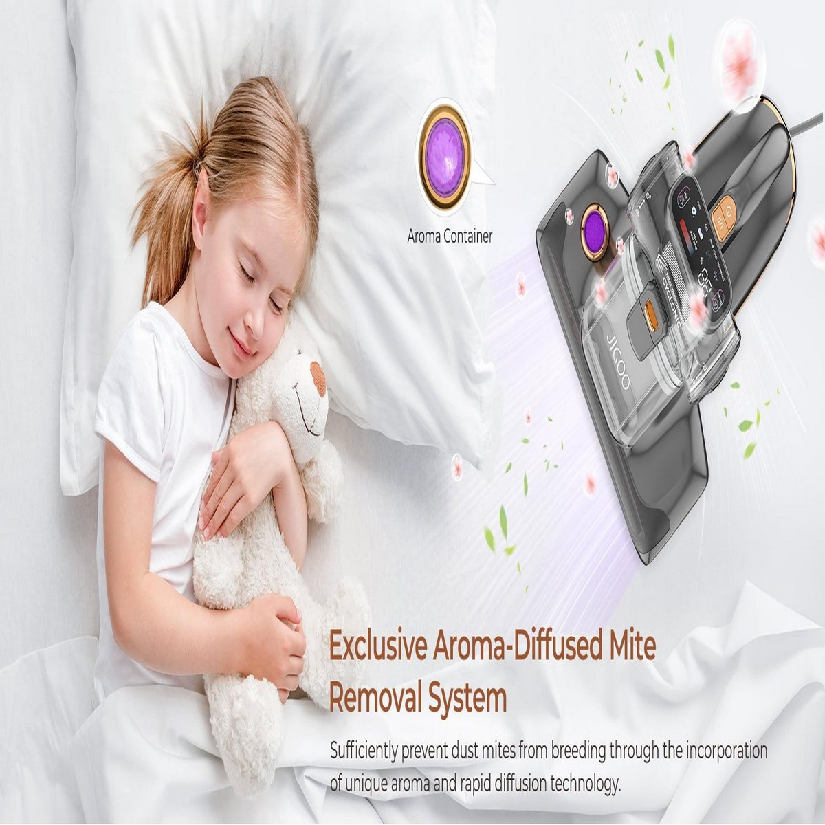 Młoda dziewczyna śpiąca, przytulająca misia. System usuwania roztoczy i pojemnik na aromat w kadrze.