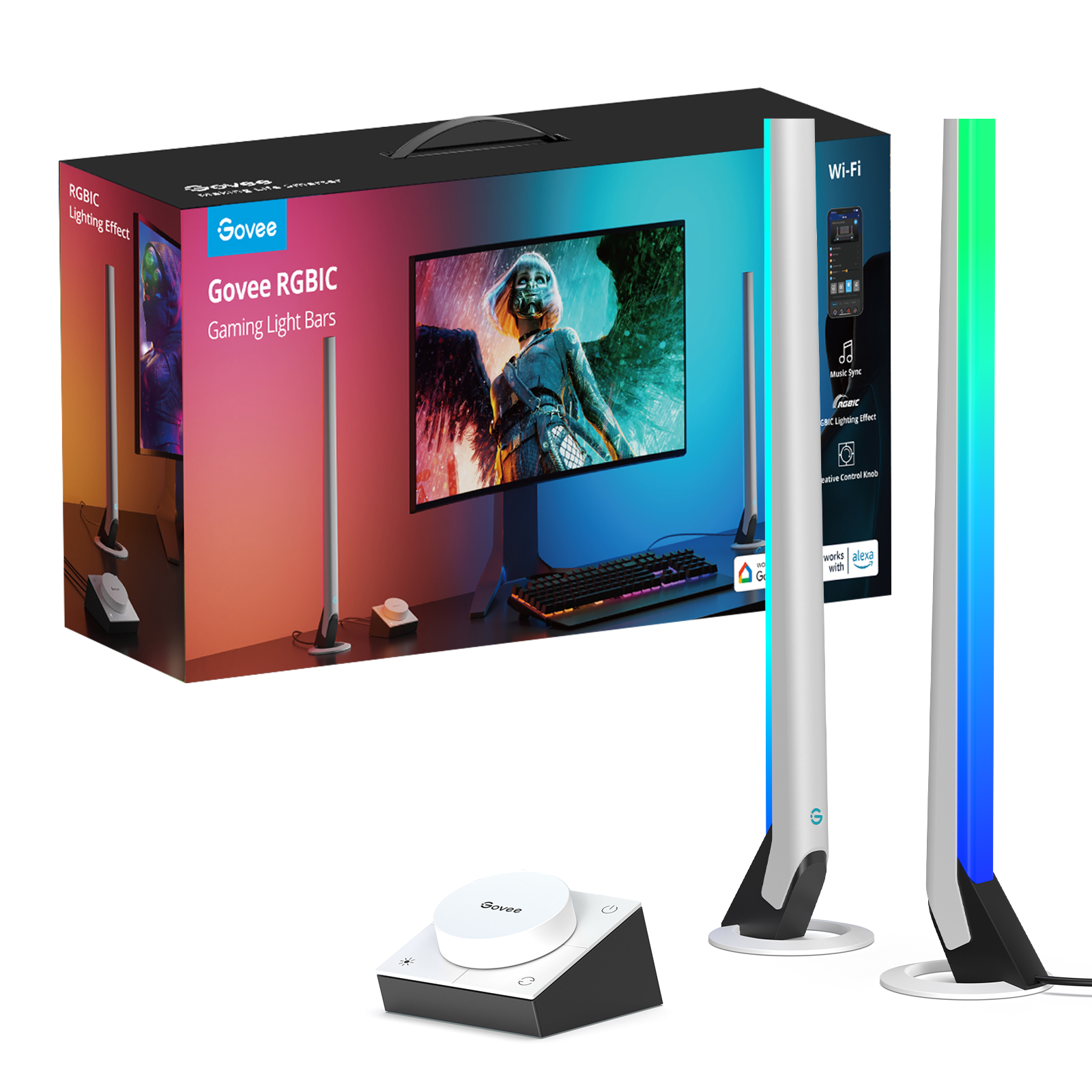Eine Produktbox mit Gaming-Lichtleisten, einer Steuereinheit und einem Monitor auf weißem Hintergrund.