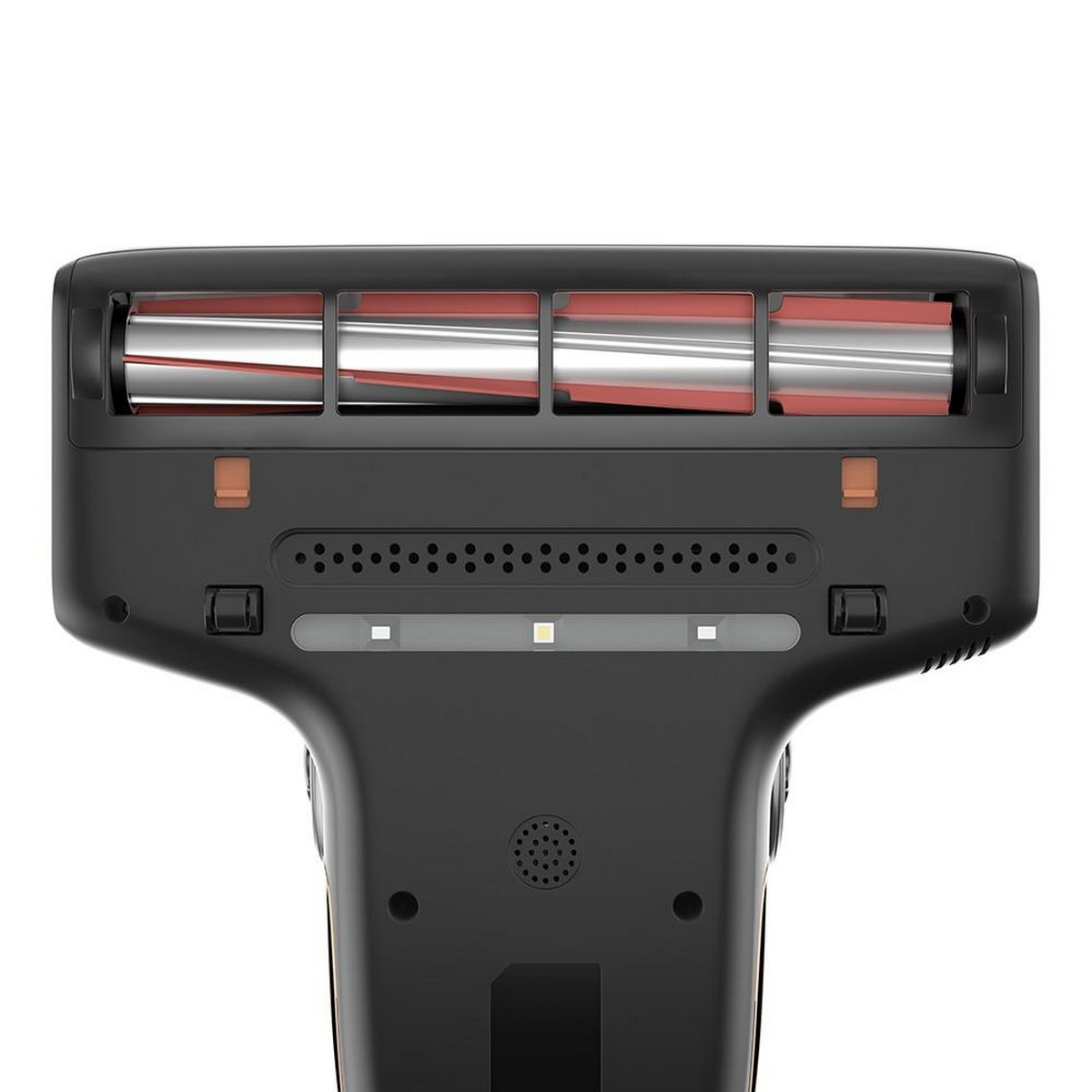 Czarna głowica odkurzacza z czerwonymi wałkami, białe tło, zbliżenie.