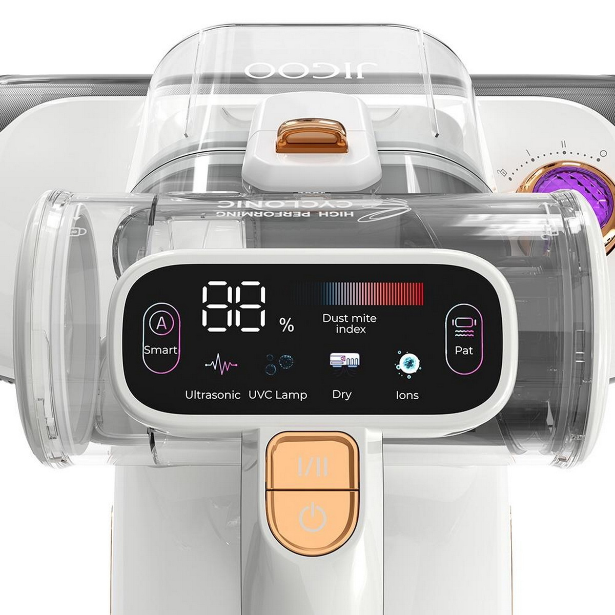 Biały i przezroczysty odkurzacz z wyświetlaczem cyfrowym, przyciskami i złotymi wykończeniami.