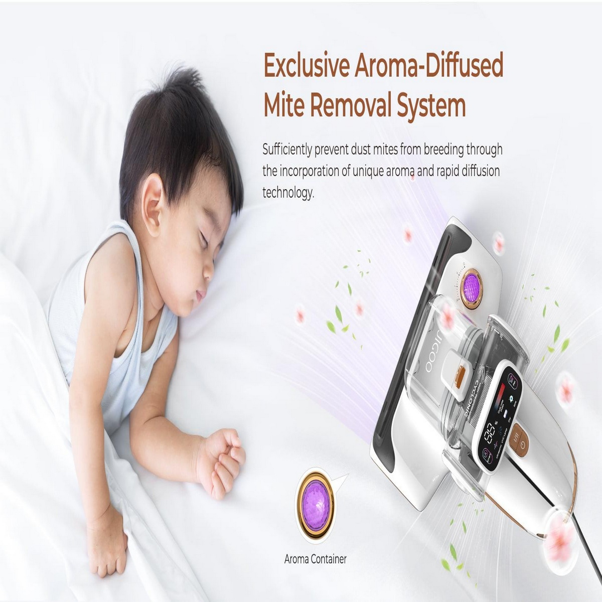 Śpiące dziecko obok białego i czarnego odkurzacza. Tekst opisuje system usuwania roztoczy.