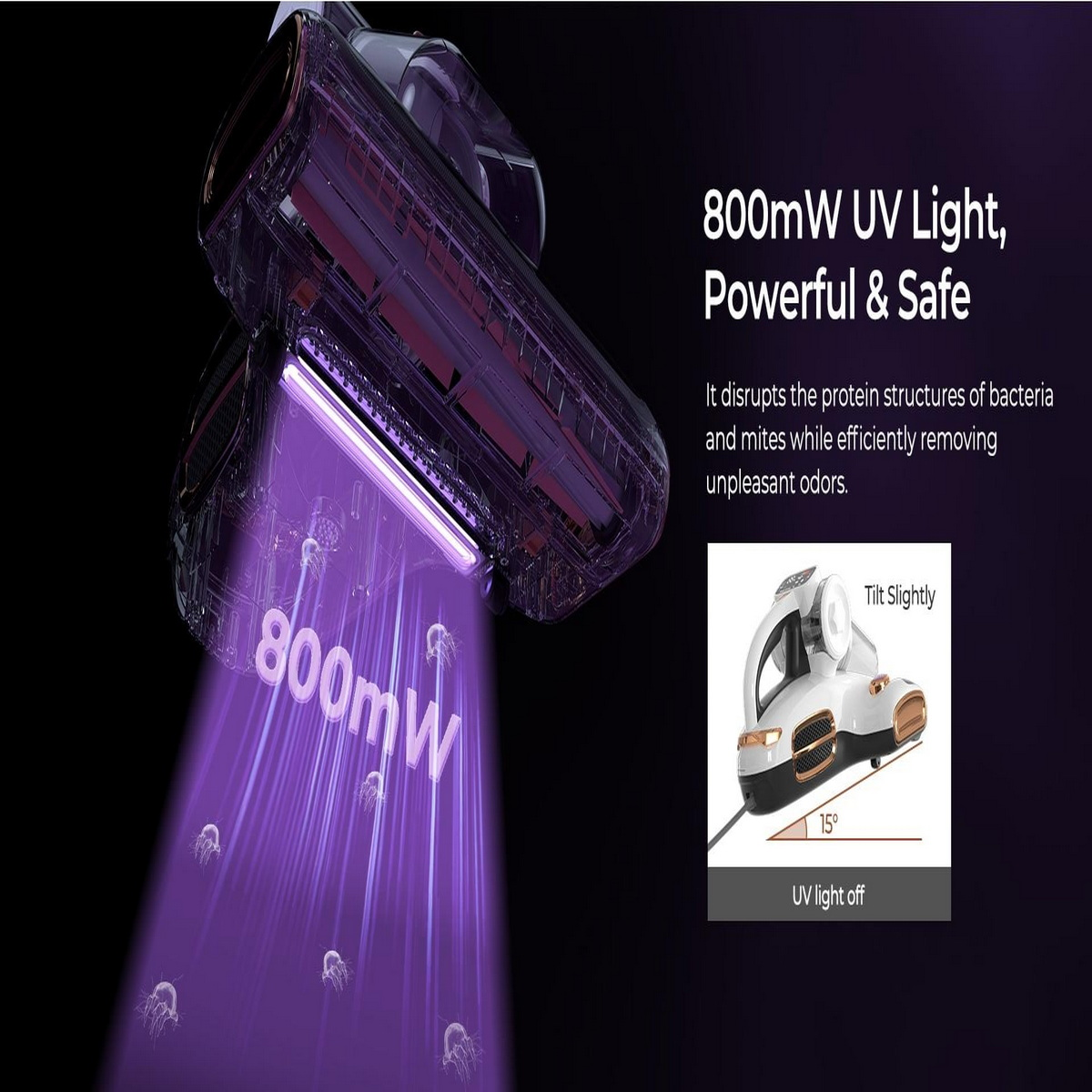 Urządzenie do światła UV emitujące fioletowe światło, z tekstem o jego funkcjach.