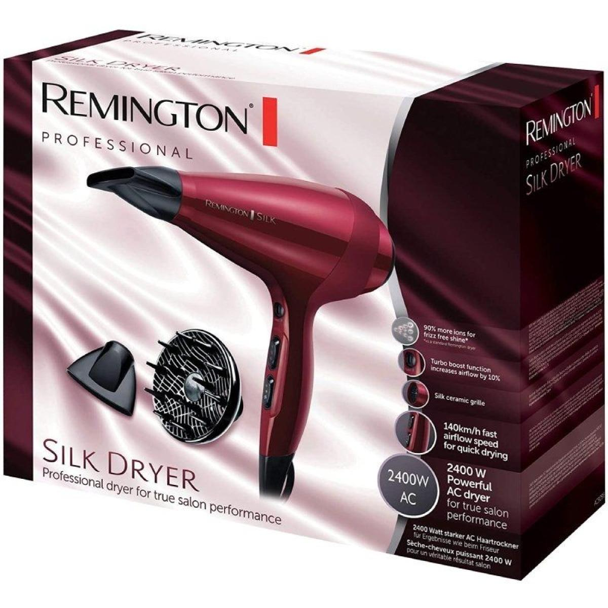 Verpakking van een haardroger. Rood en zwart met de merknaam en productkenmerken.