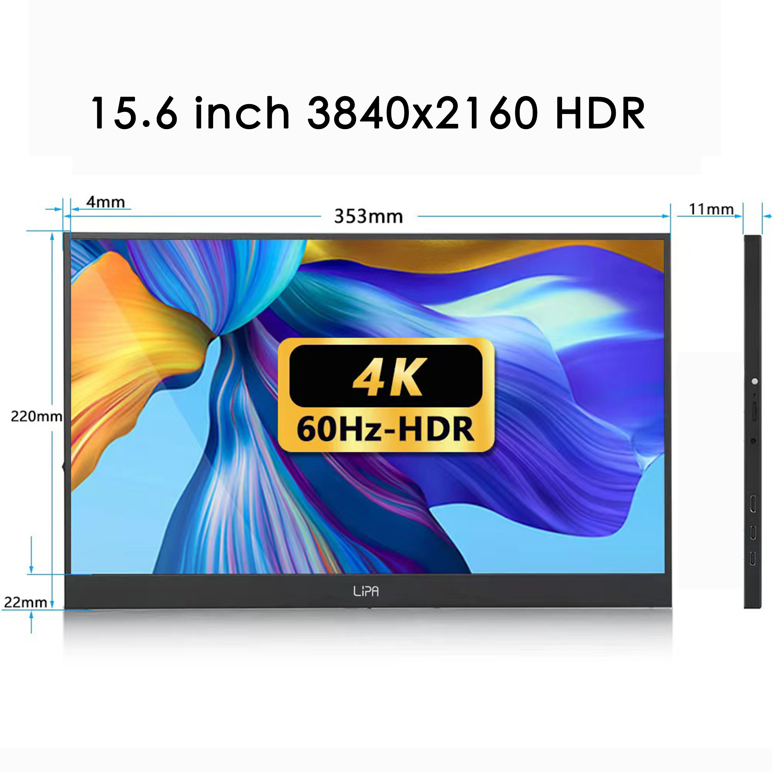 Monitor HDR 15,6 cala wyświetla kolorowy obraz abstrakcyjny. Pokazano wymiary i specyfikacje.