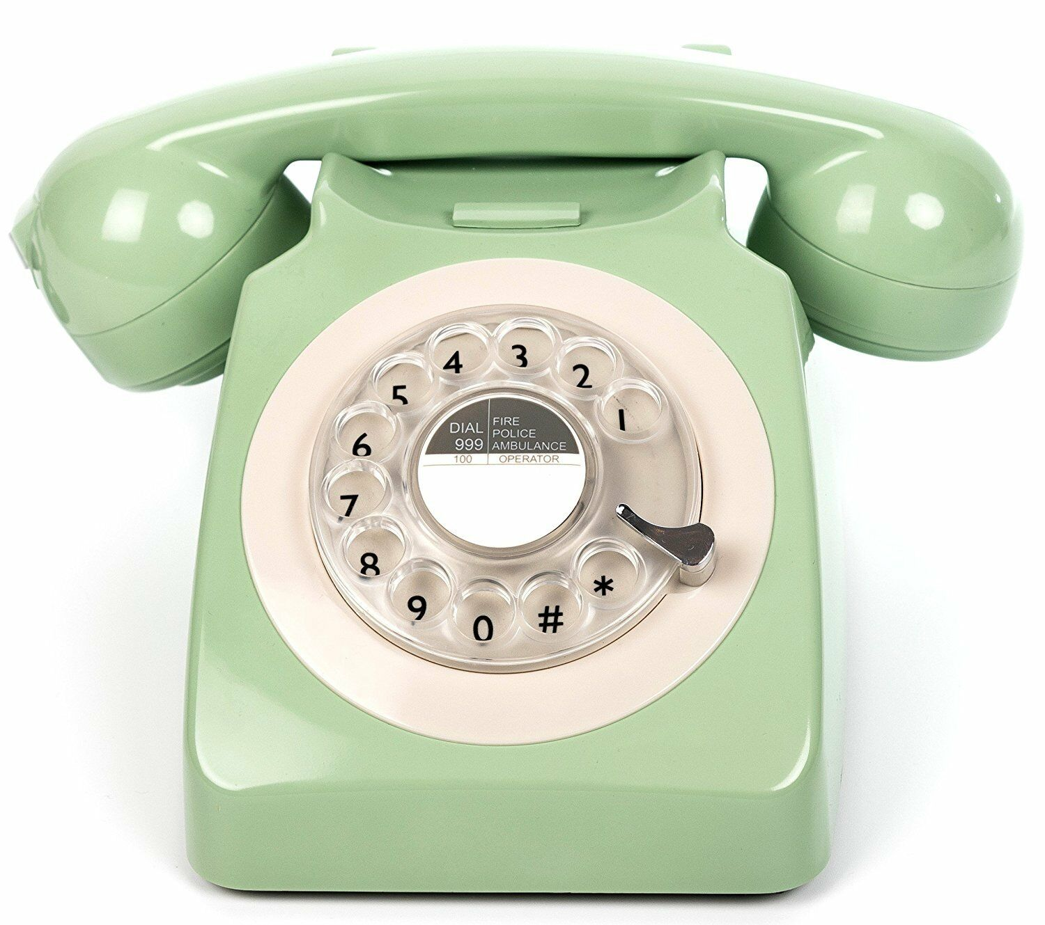Viene mostrato un telefono a disco rotante verde menta. Ha un quadrante bianco e un ricevitore nero. Il quadrante include i numeri di emergenza.