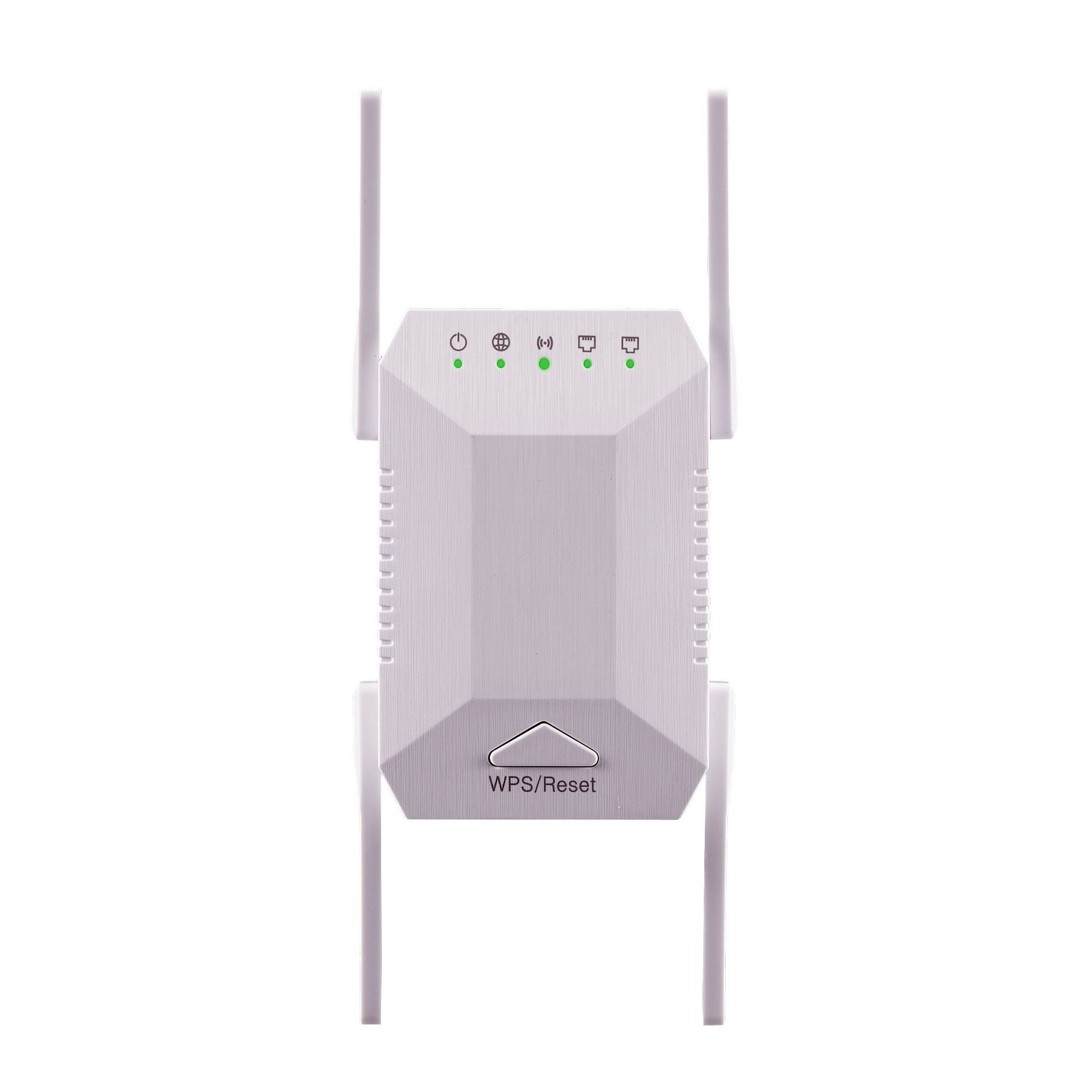 Ein weißer WLAN-Extender mit Antennen. Auf der Vorderseite steht WPS/Reset.
