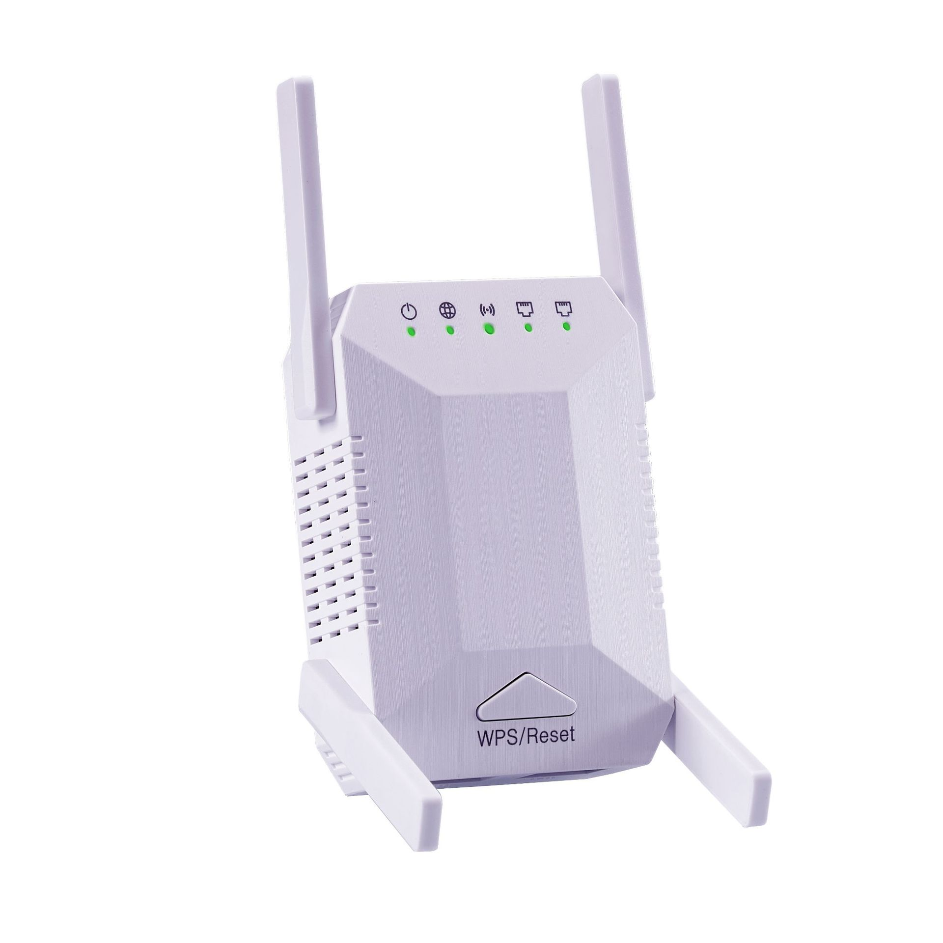 Weißer WLAN-Router mit zwei Antennen, der Signalindikatoren zeigt, isoliert auf weißem Hintergrund.