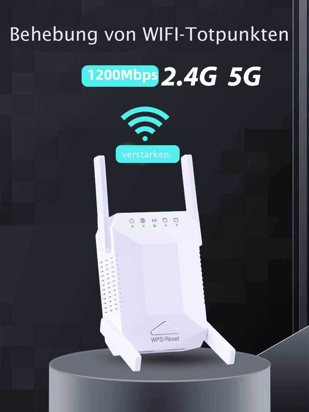 Ein weißer WLAN-Repeater mit Text zur Verbesserung der Reichweite auf dunklem Hintergrund.