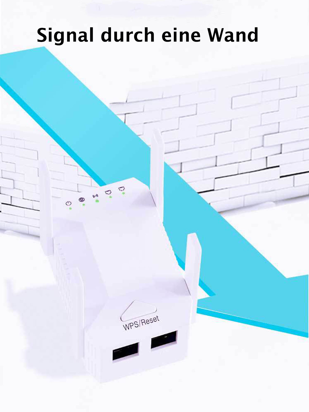 Weißer WLAN-Extender mit Antennen, blauer Pfeil zeigt Signal durch Wand.