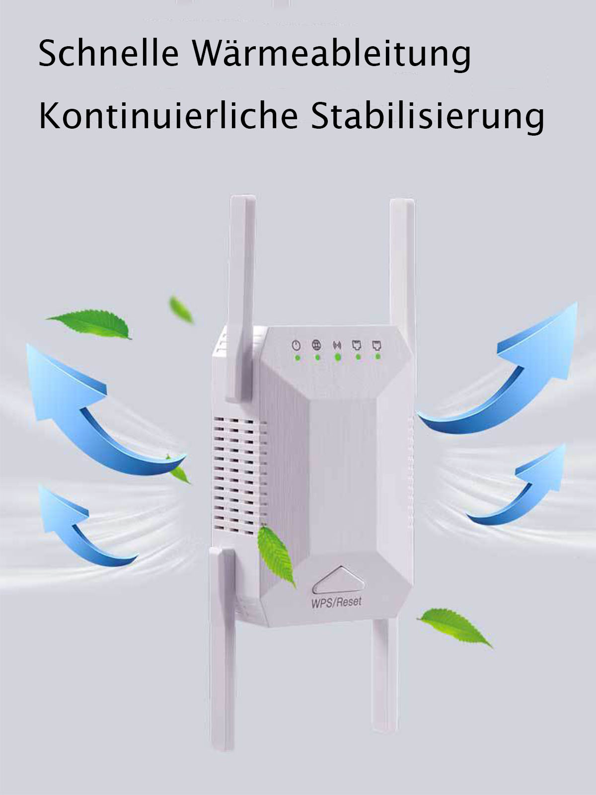 Weißer WLAN-Repeater mit Antennen und blauen Pfeilen. Text zeigt schnelle Wärmeableitung.