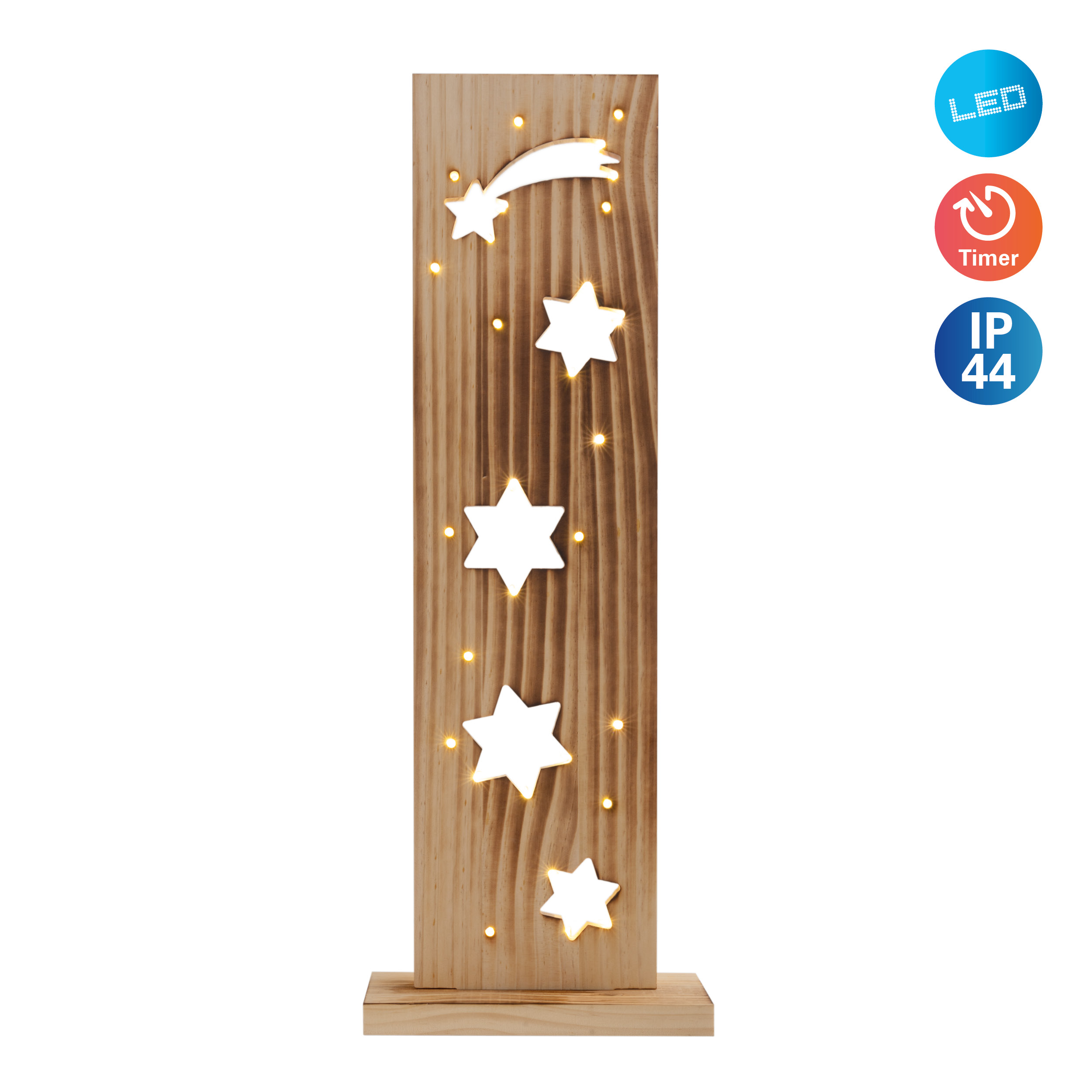 Weihnachtsdekoration aus Holz mit Sternen und Sternschnuppe, mit LED- und Timer-Symbolen.