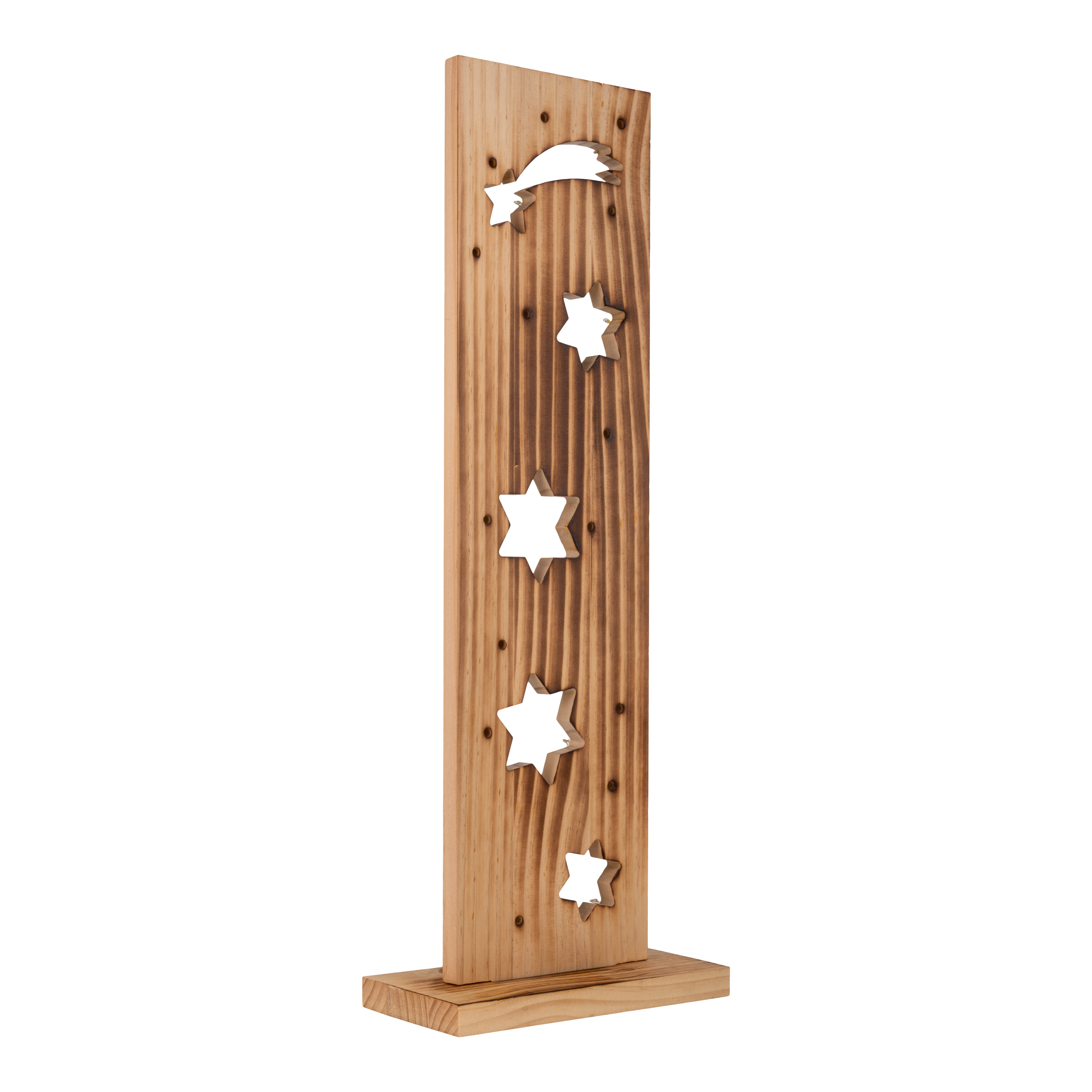 Holzbrett mit Sternausschnitten. Ein Kometenausschnitt oben. Das Brett steht auf einem Holzsockel.