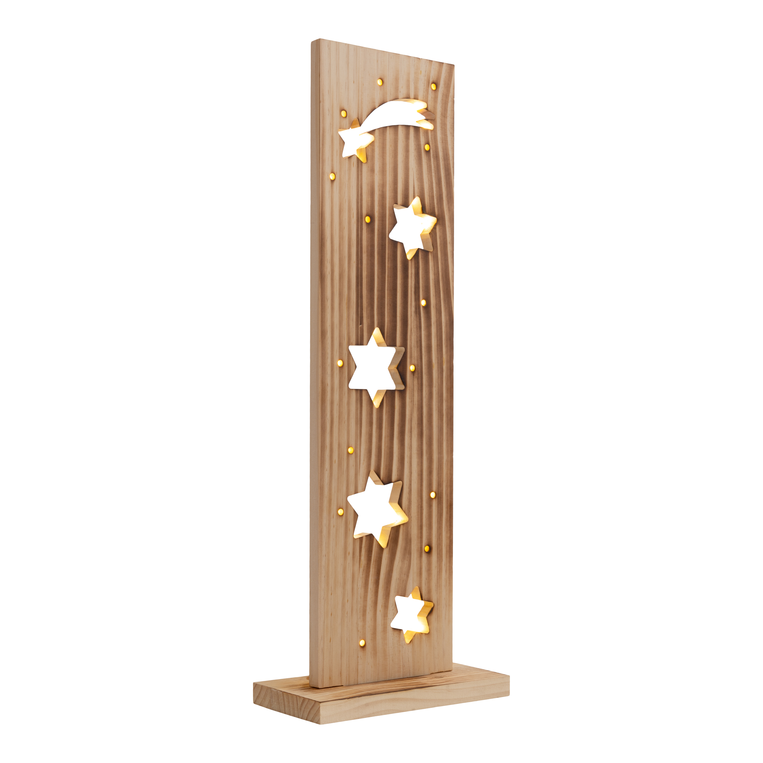 Dekostück aus Holz mit ausgeschnittenen Sternen und Sternschnuppe.