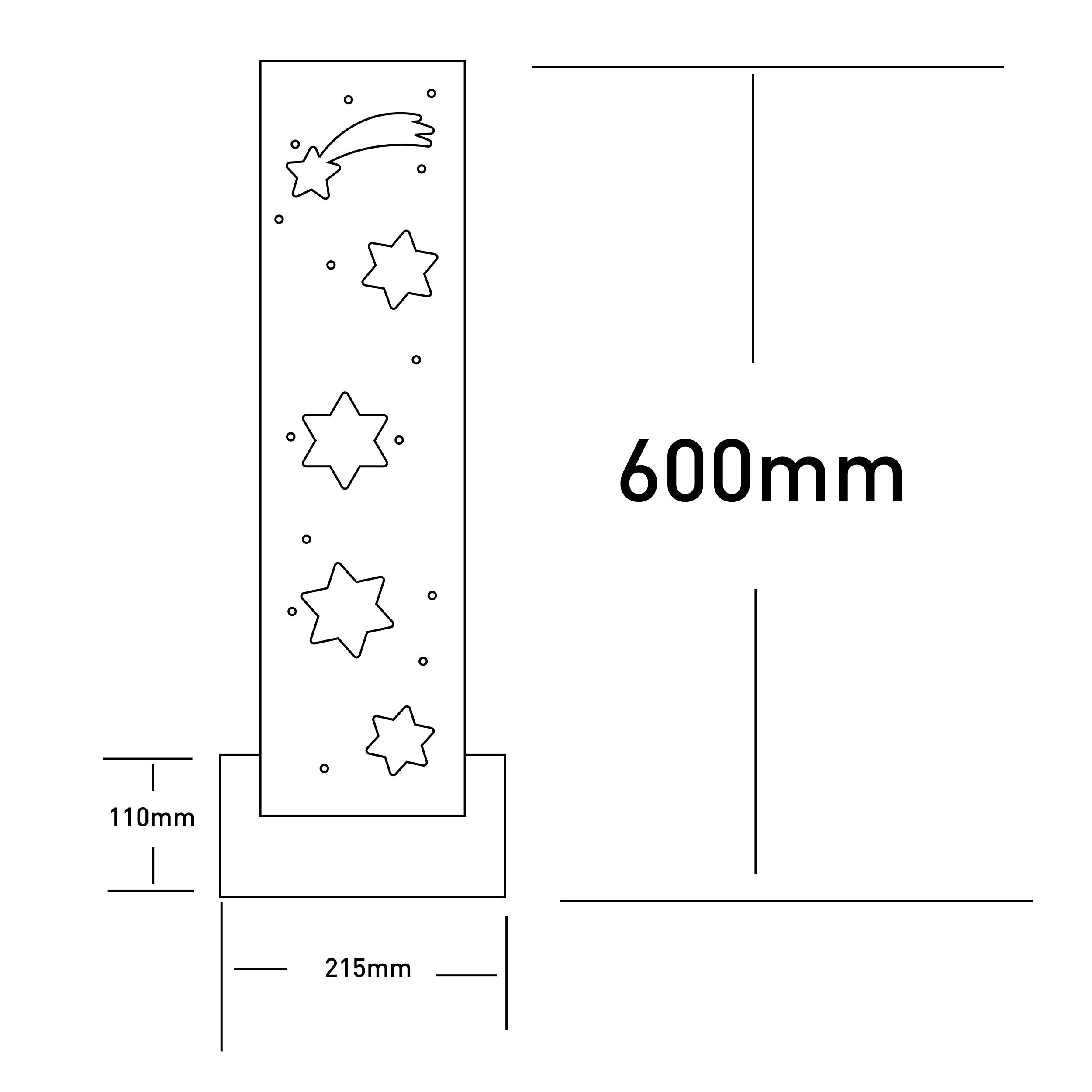 Diagramm einer dekorativen Leuchte mit Sternen, mit den Abmessungen: 600 mm Höhe, 215 mm Breite.