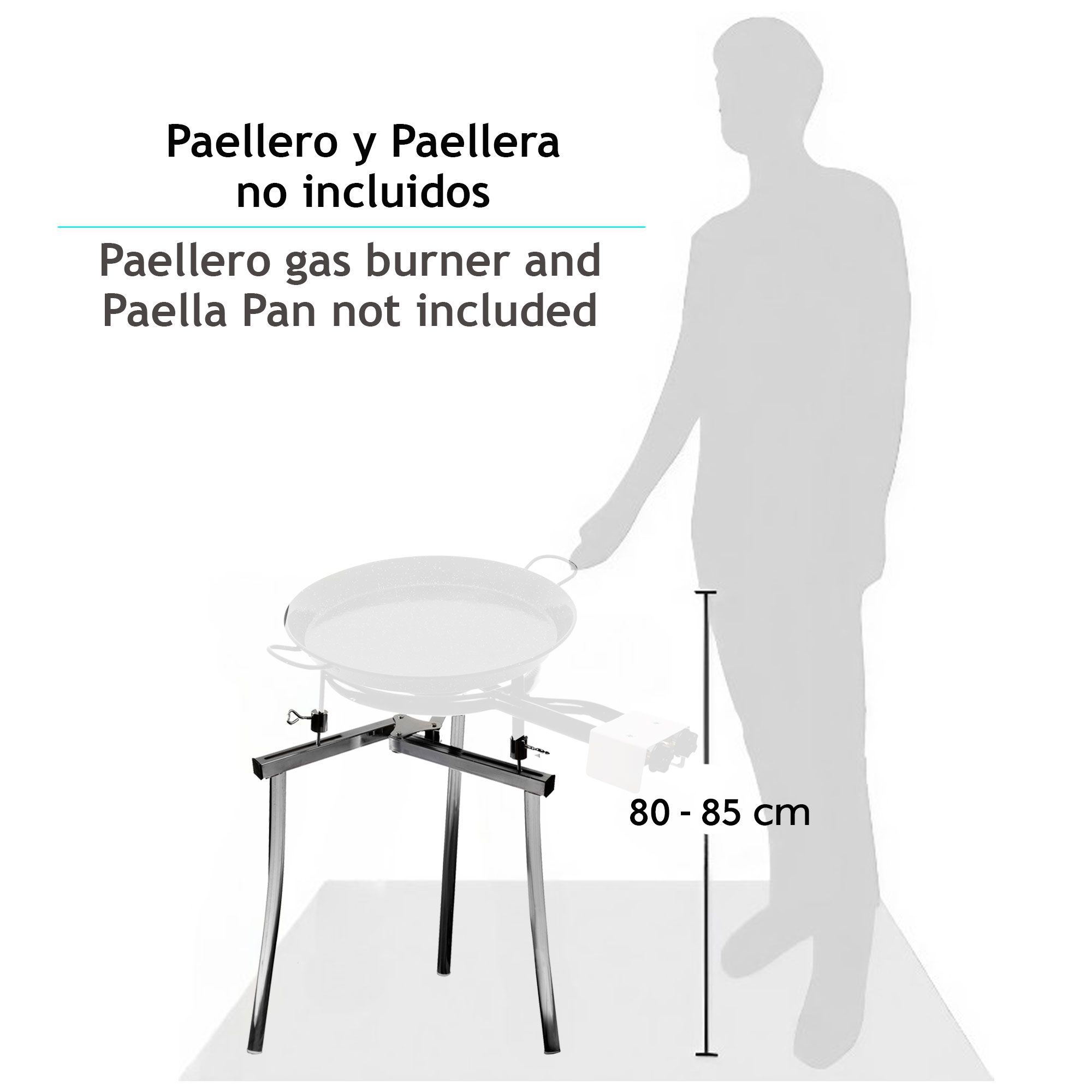 Ein Paella-Gasbrennerständer mit Paella-Pfanne. Eine Person steht daneben. Text: Paella-Brenner nicht enthalten.