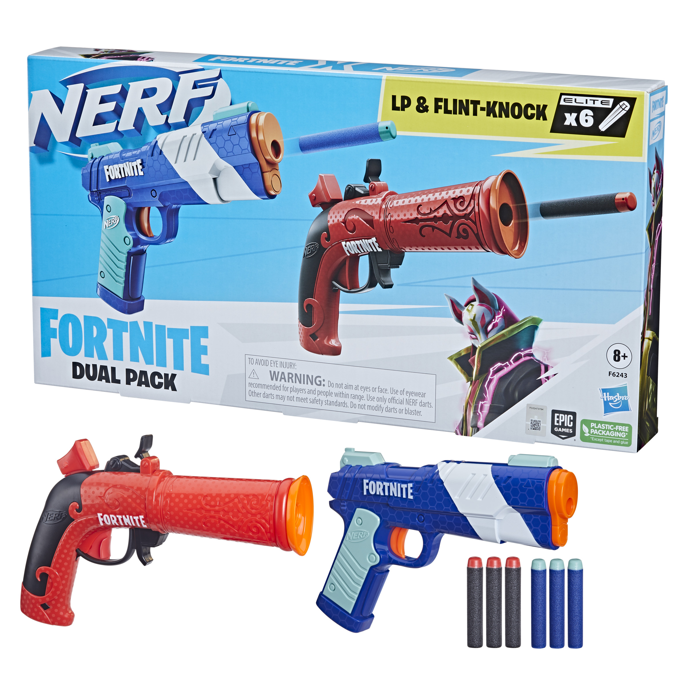 Nerf Fortnite Doppelpack. Zwei Spielzeugpistolen und Darts. Box mit Bildern und Text. Weißer Hintergrund.