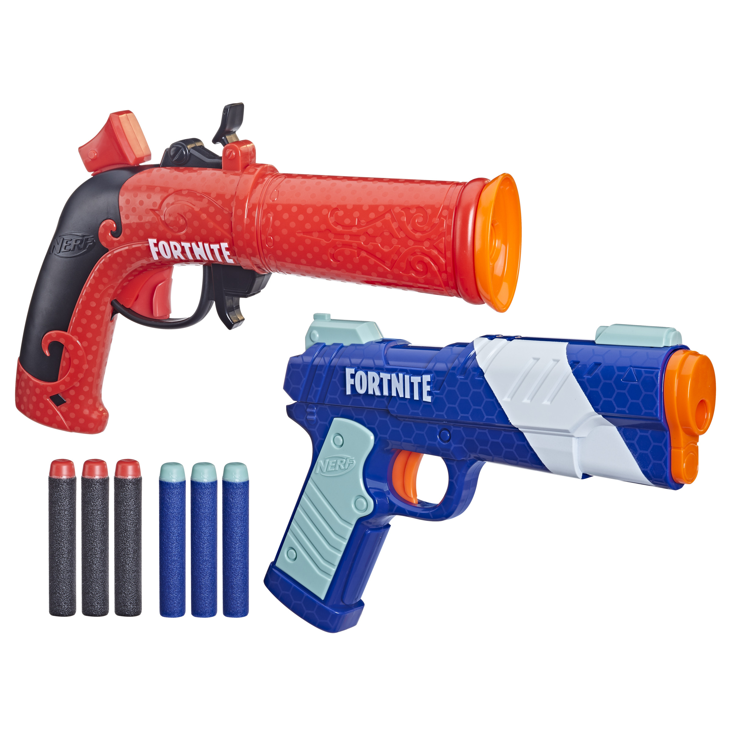 Zwei Nerf Fortnite Spielzeugpistolen, eine rote und eine blaue, mit Darts.