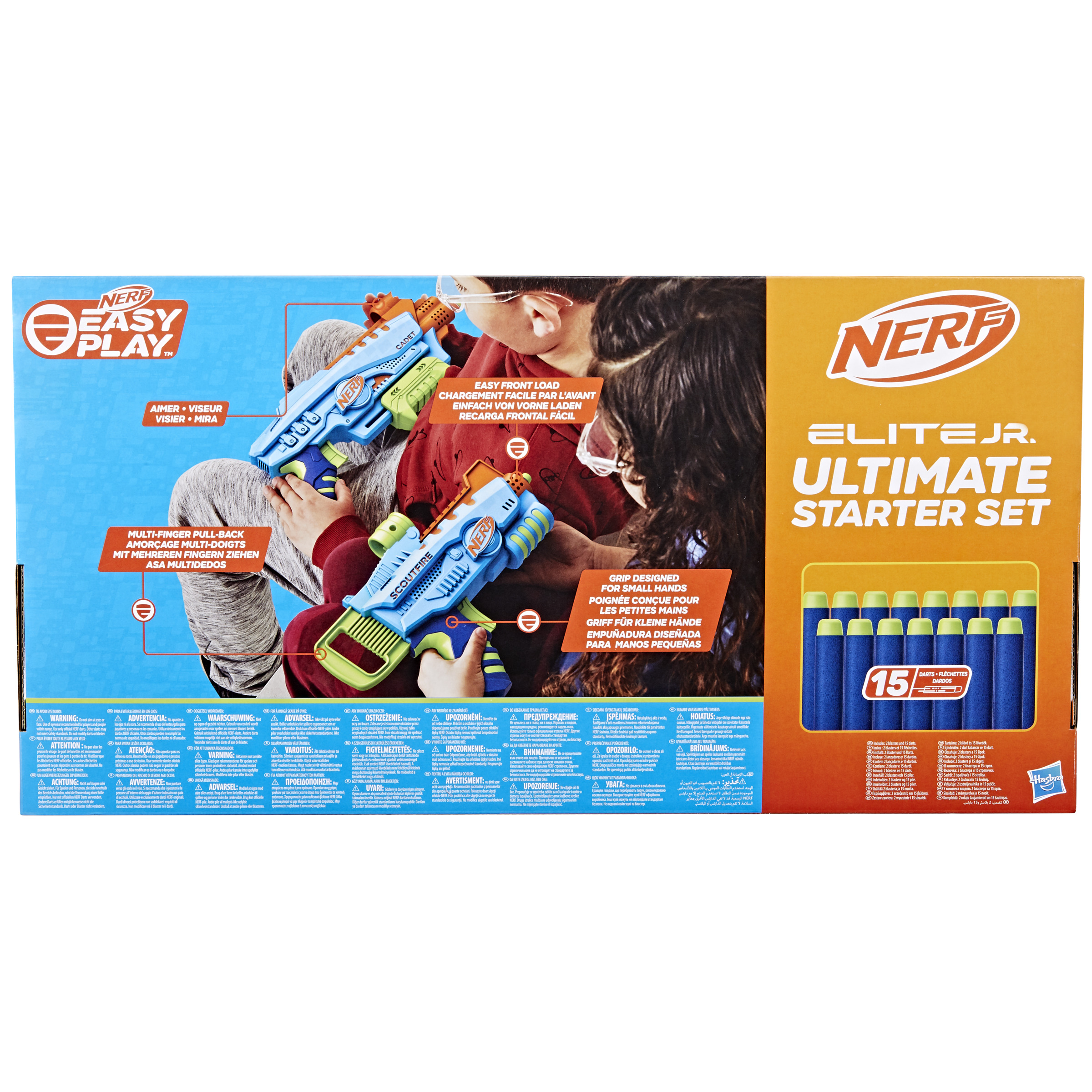 Una scatola di giocattoli con pistole Nerf e dardi, con due bambini che puntano e sparano con le pistole Nerf.