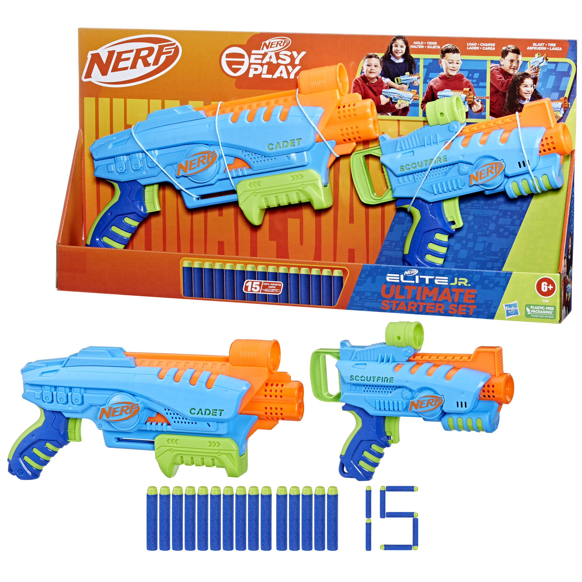 Set blaster Nerf Elite Jr. con due pistole giocattolo, dardi e confezione con bambini.