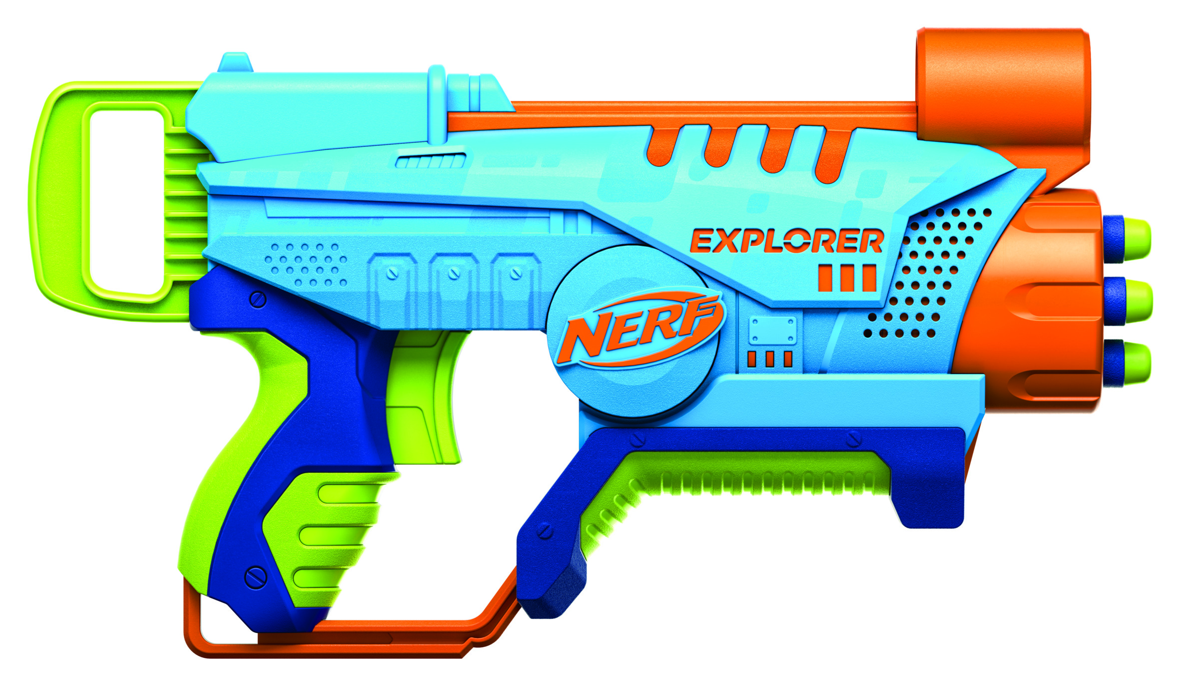 Una pistola giocattolo blu e arancione con la scritta EXPLORER.