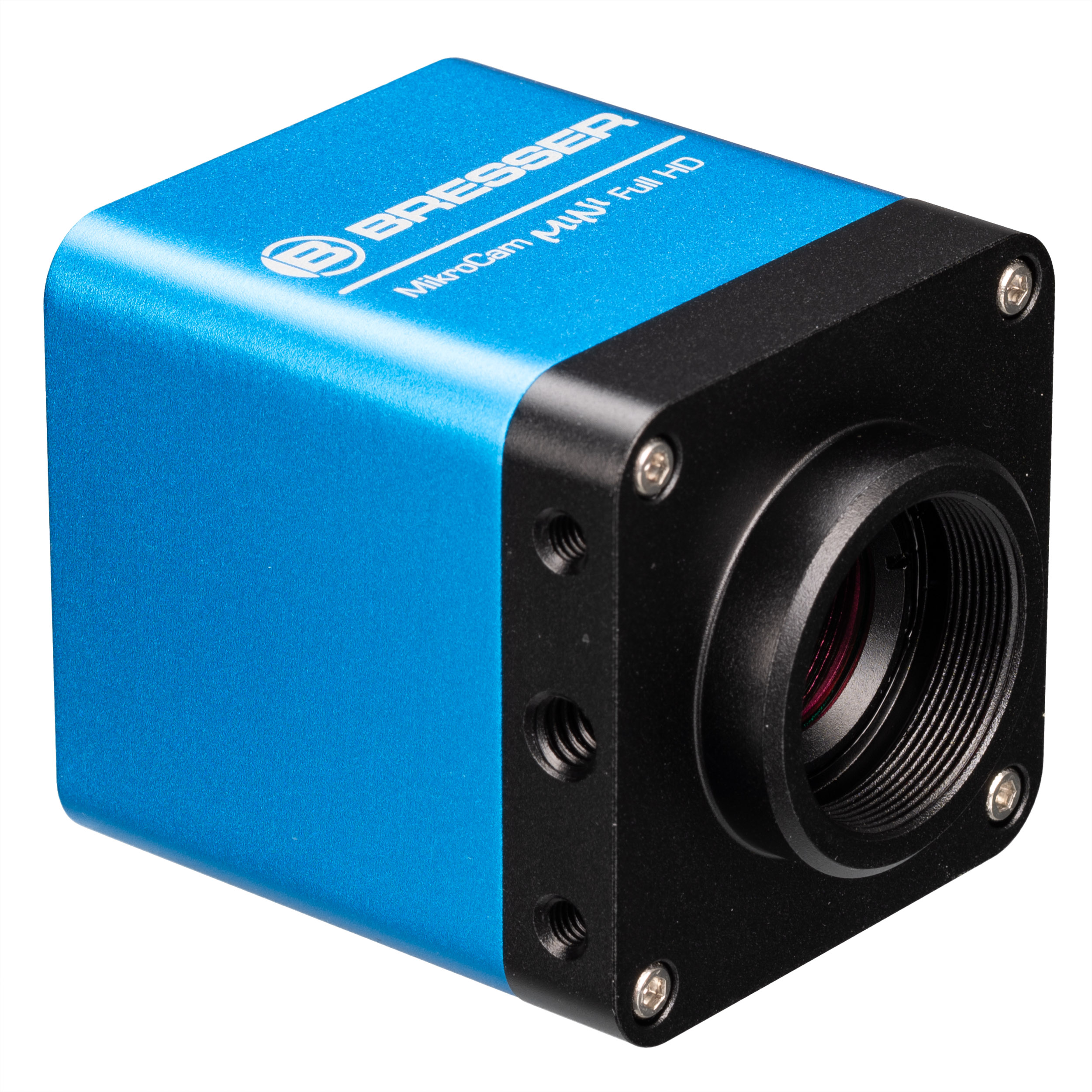 Una cámara Bresser MikrCam M1 Full HD azul y negra, un dispositivo cuadrado con una lente.