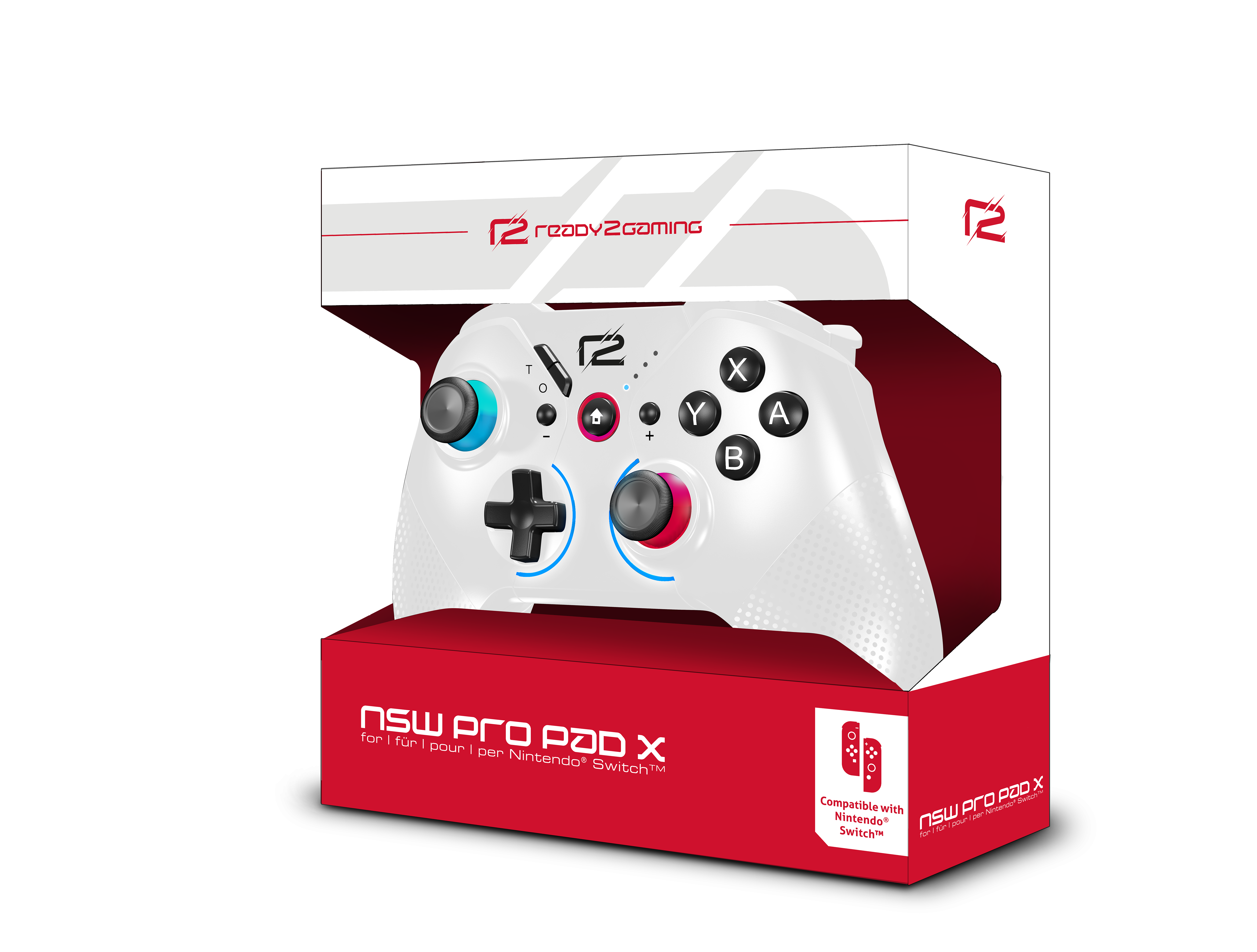 Weißer und roter Gamecontroller, mit Knöpfen und Verpackung, für Nintendo Switch.