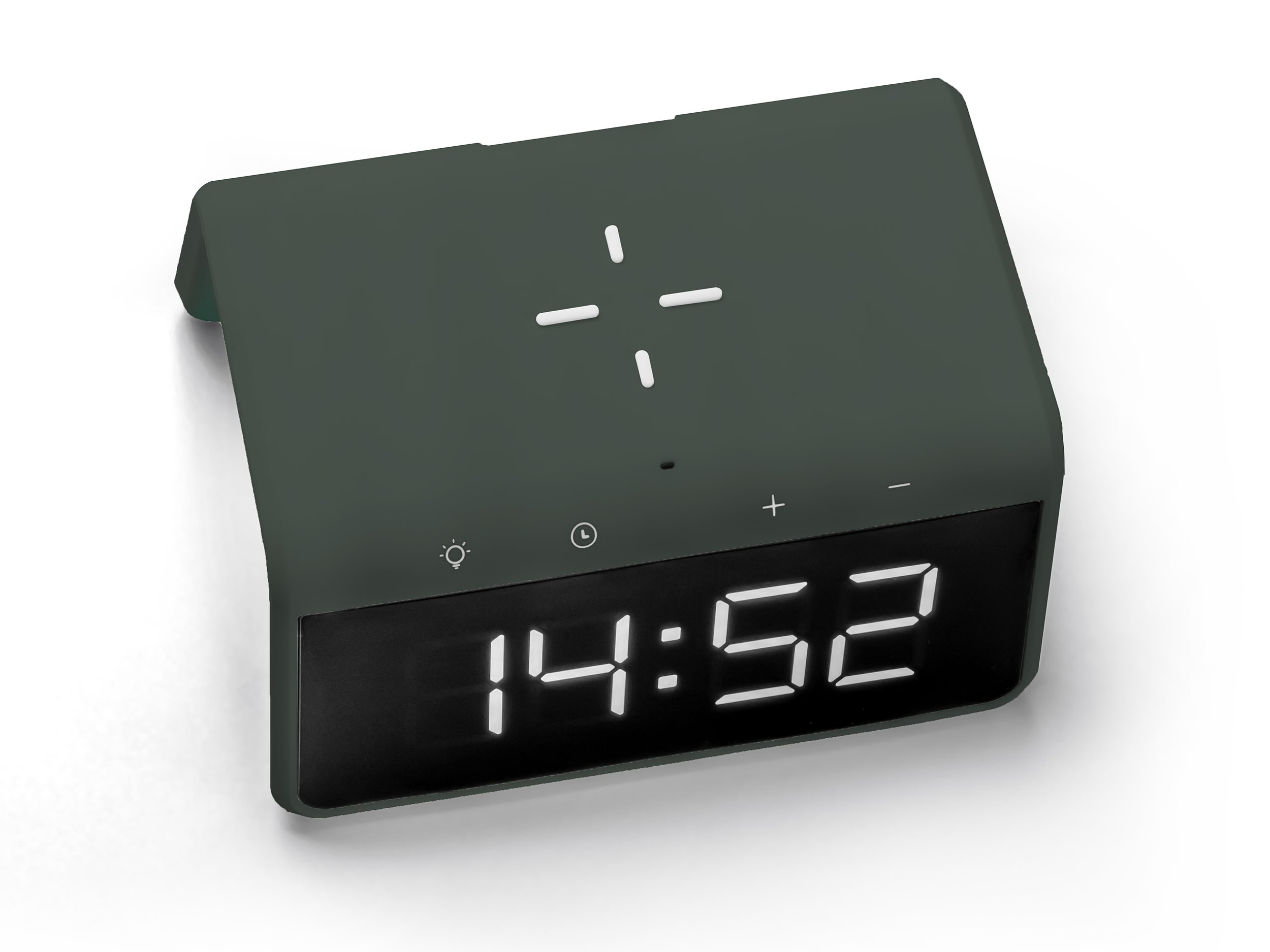 Digital alarm clock. It's dark green. Displays time.