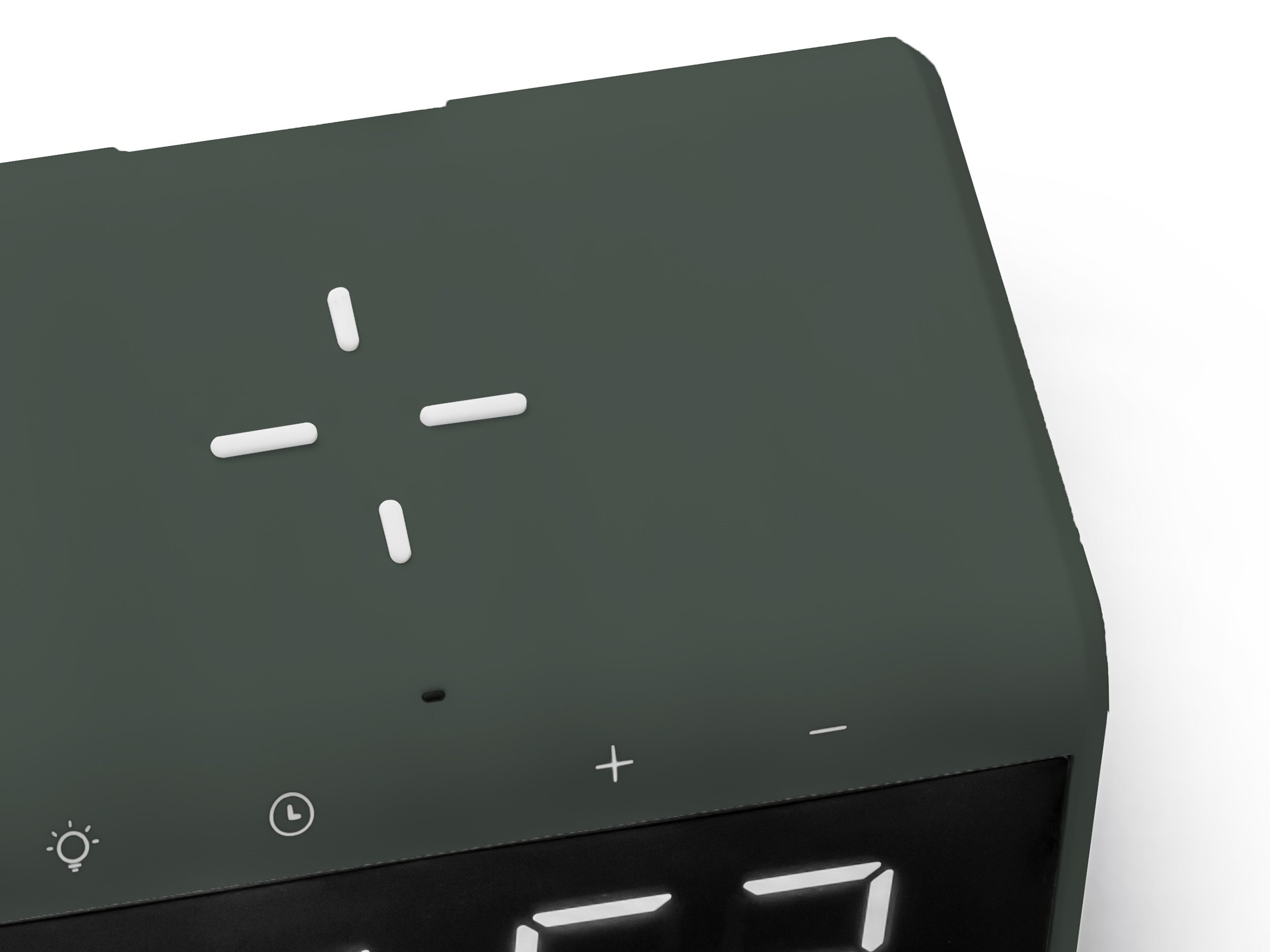 Close up of a dark green digital alarm clock with white buttons and a display.