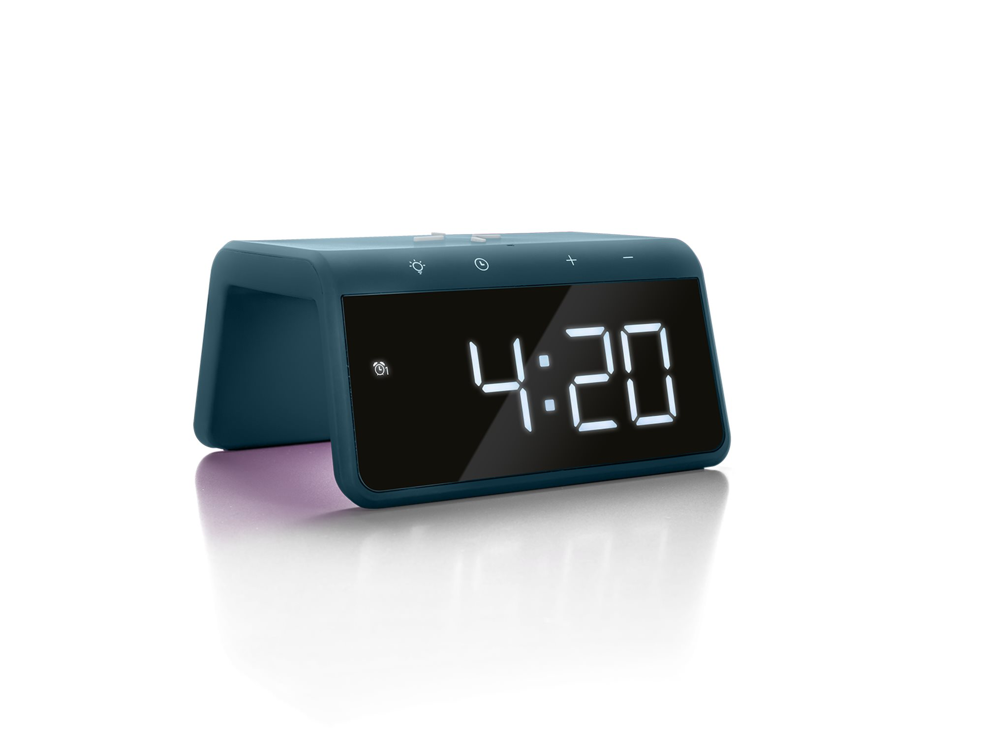 Blue digital alarm clock displaying 4:20. It sits on a white reflective surface.