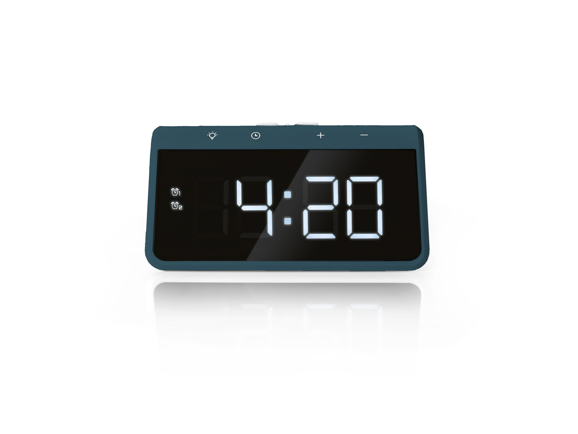 A teal digital alarm clock displaying 4:20.