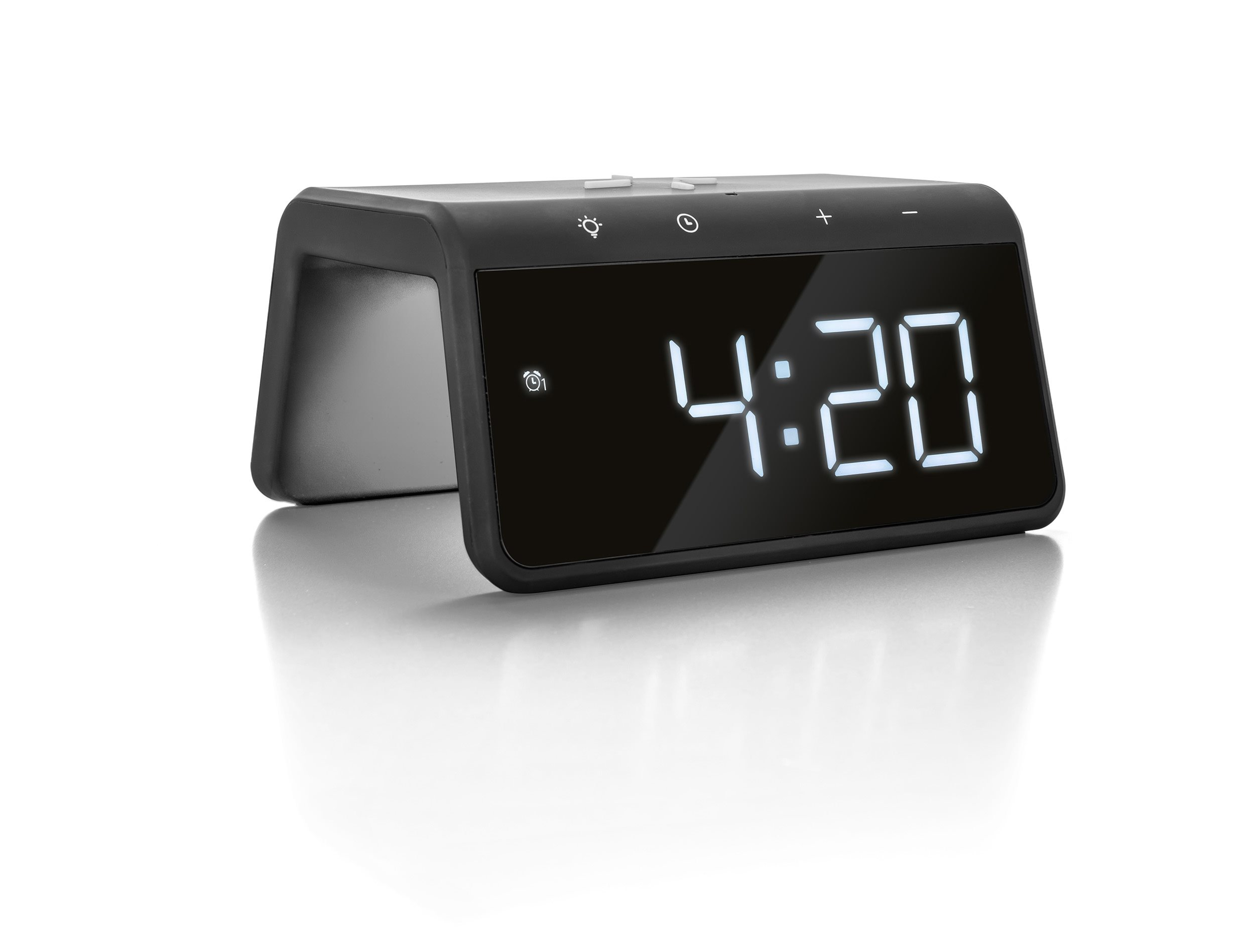 A black digital alarm clock displaying 4:20 with a flip-up display and a white background.