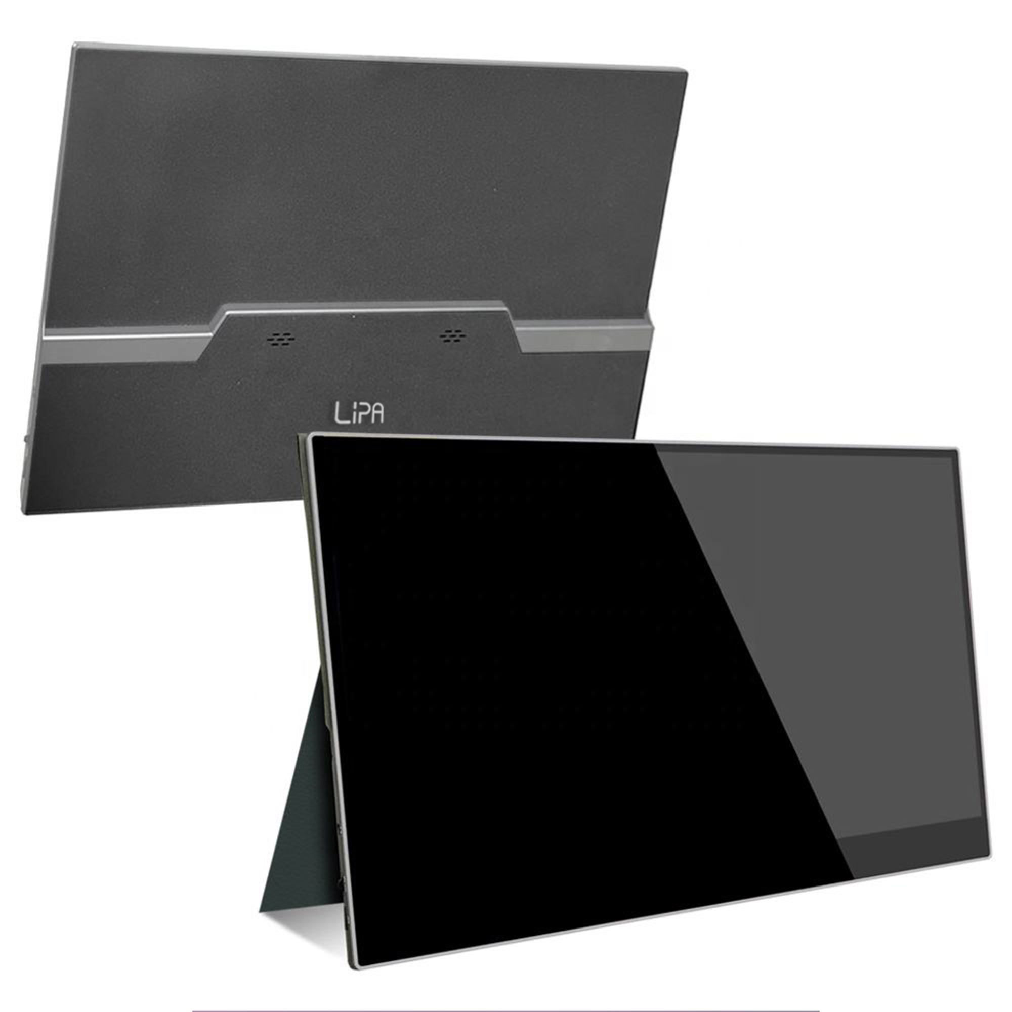 Czarny monitor przenośny, widok z przodu i z tyłu.