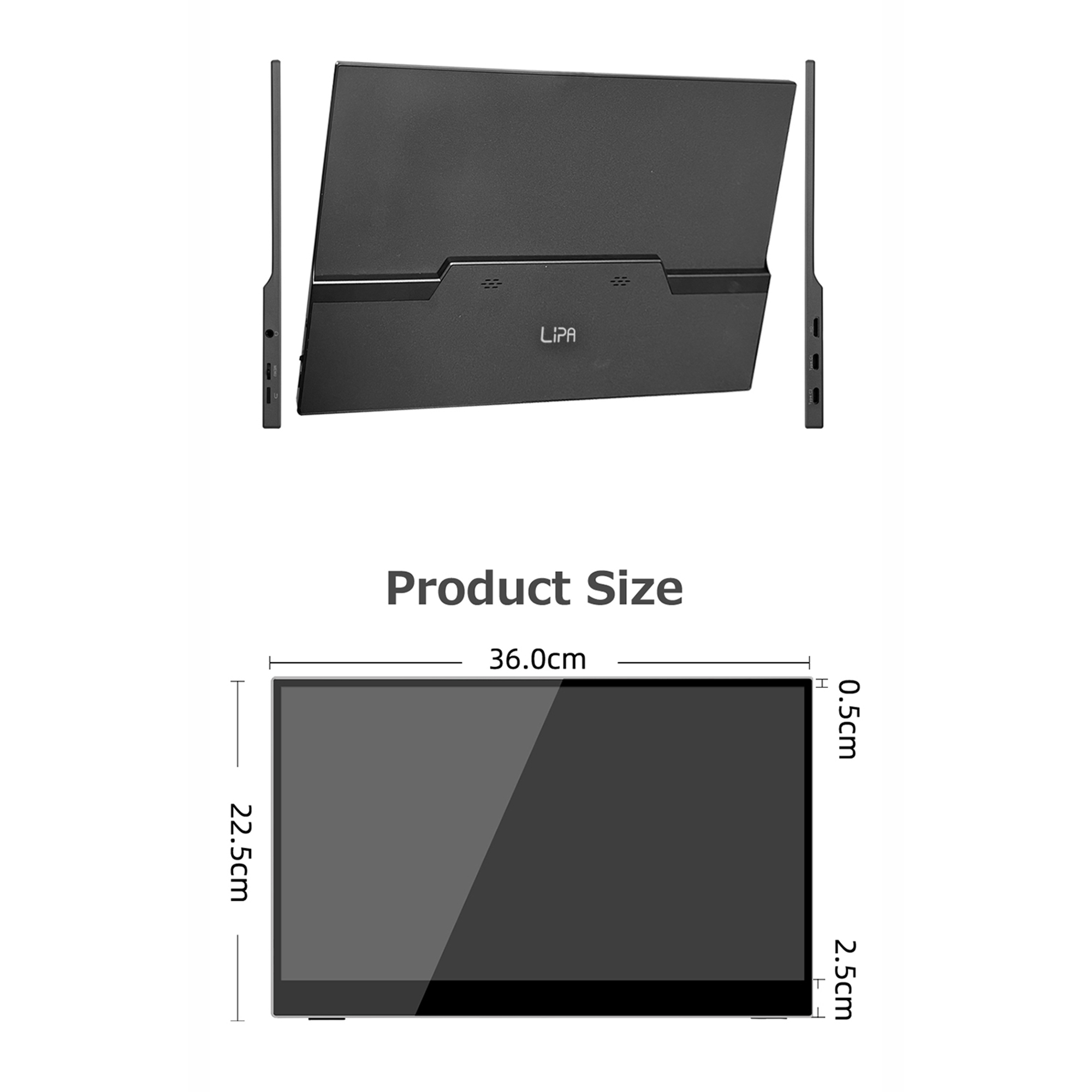 Schemat pokazujący rozmiar produktu czarnego monitora lub wyświetlacza.