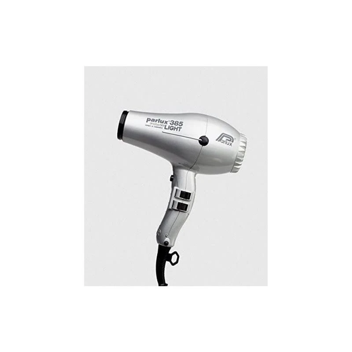 Ein silberner Parlux 385 LIGHT Haartrockner, vor einem schlichten weißen Hintergrund.