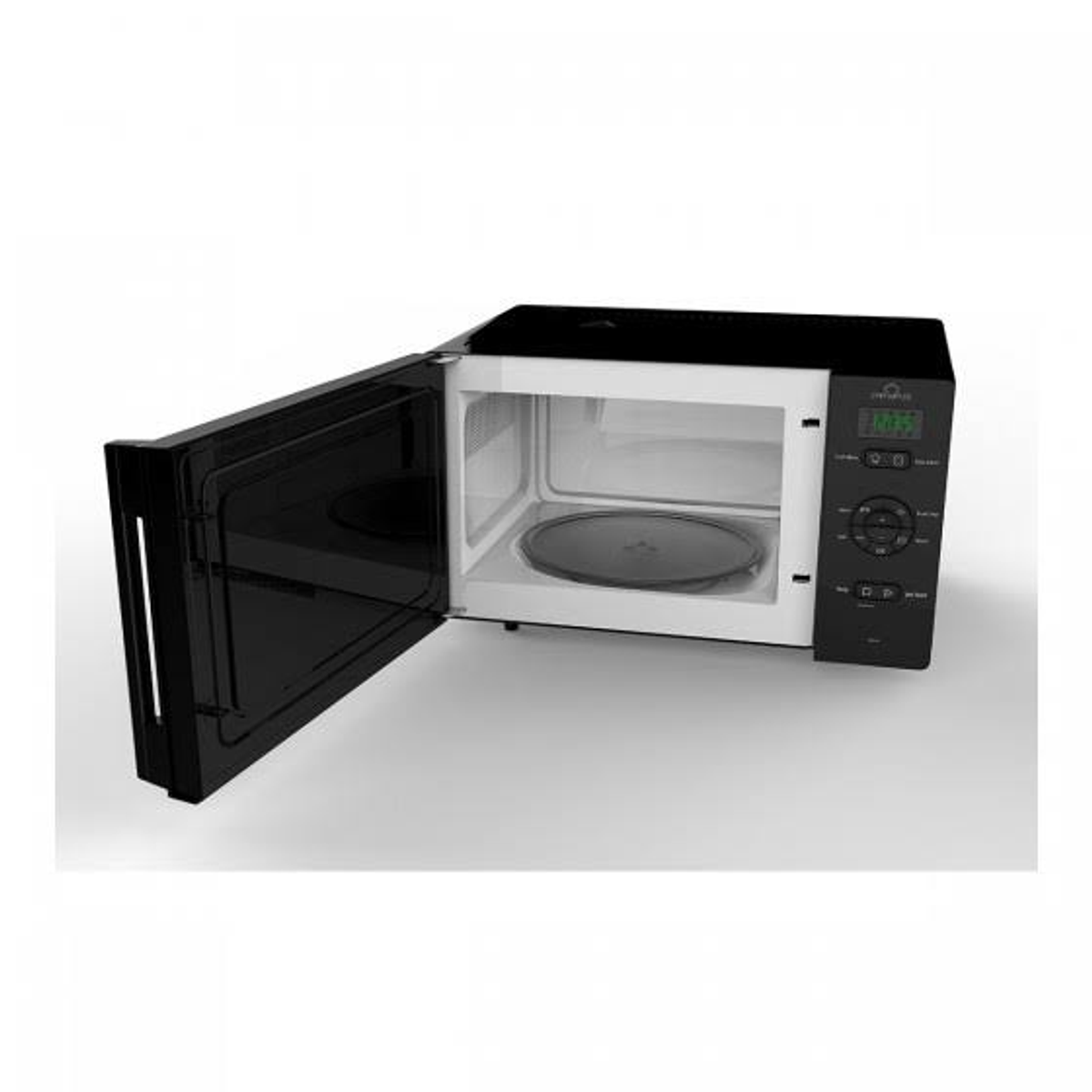 Kuchenka mikrofalowa z otwartymi drzwiami, pokazująca wnętrze.