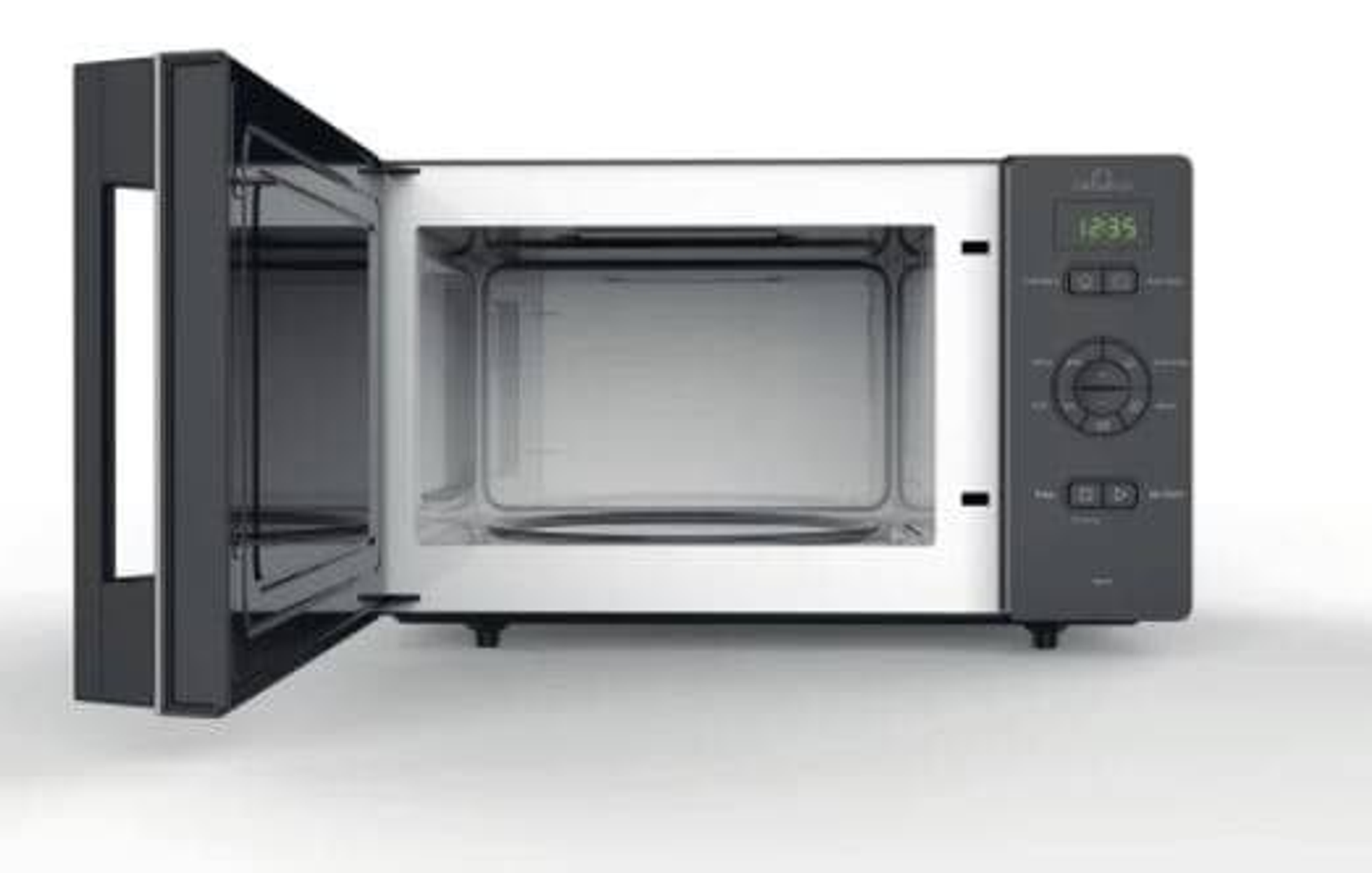 Czarna kuchenka mikrofalowa z otwartymi drzwiami. Szare wnętrze i wyświetlacz cyfrowy. Przyciski i kontrolki po prawej.