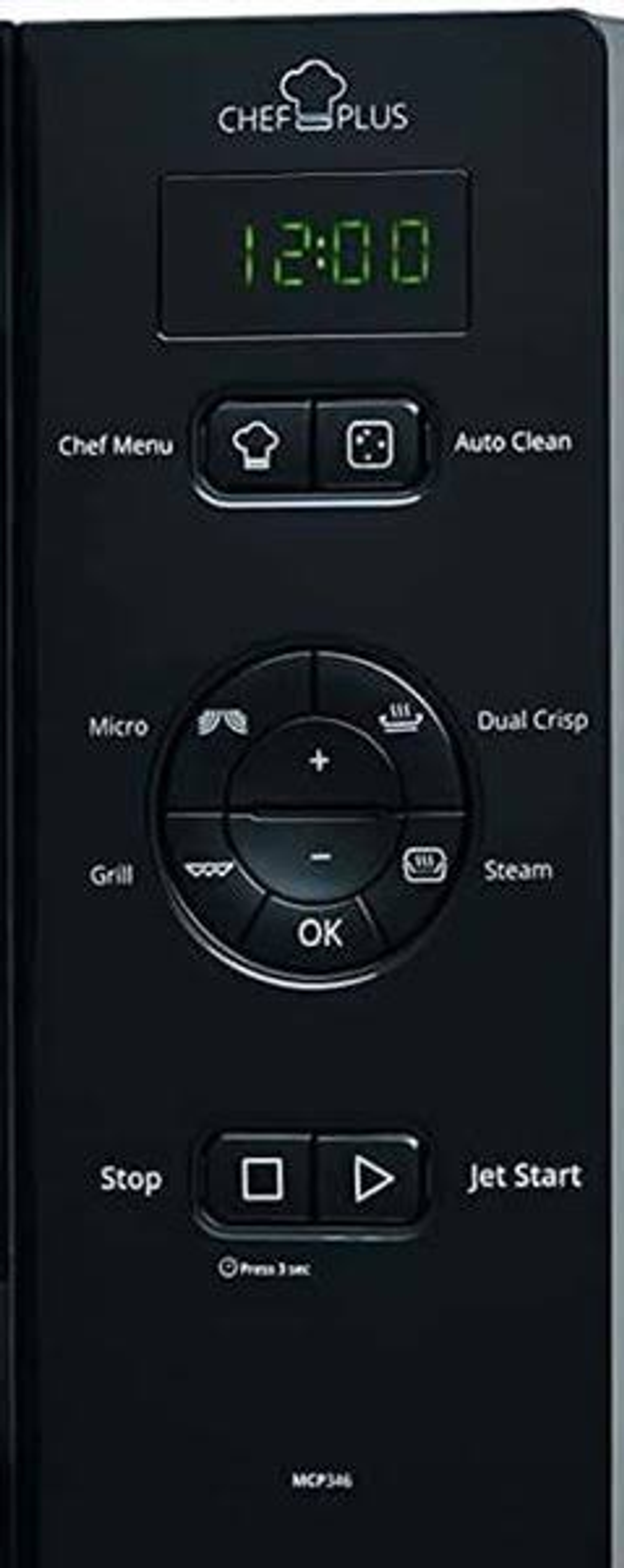 Czarny panel sterowania kuchenki mikrofalowej z wyświetlaczem, przyciskami i etykietami na czarnym tle.