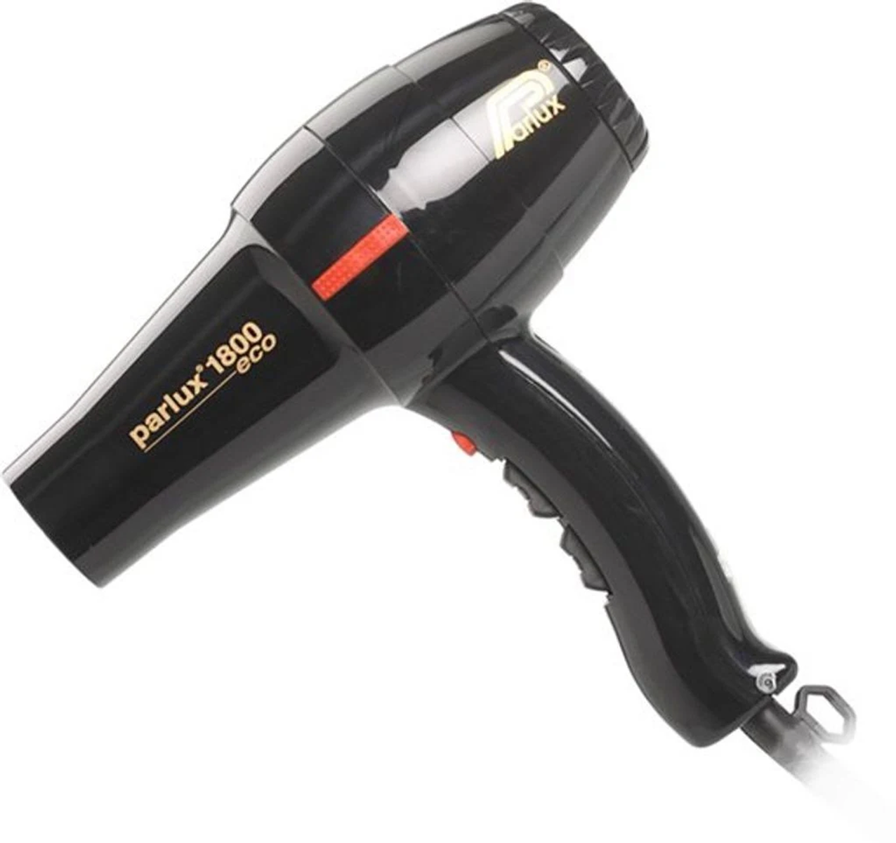 Asciugacapelli nero con accento rosso e ugello argentato, sfondo bianco.