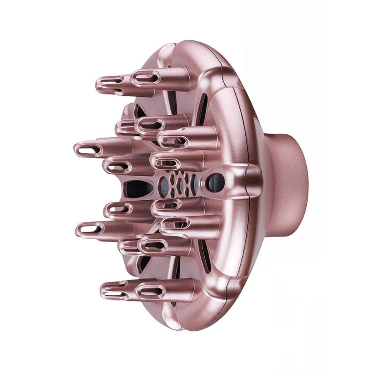 Różowo-złoty dyfuzor do suszarki do włosów z wieloma otworami dysz.