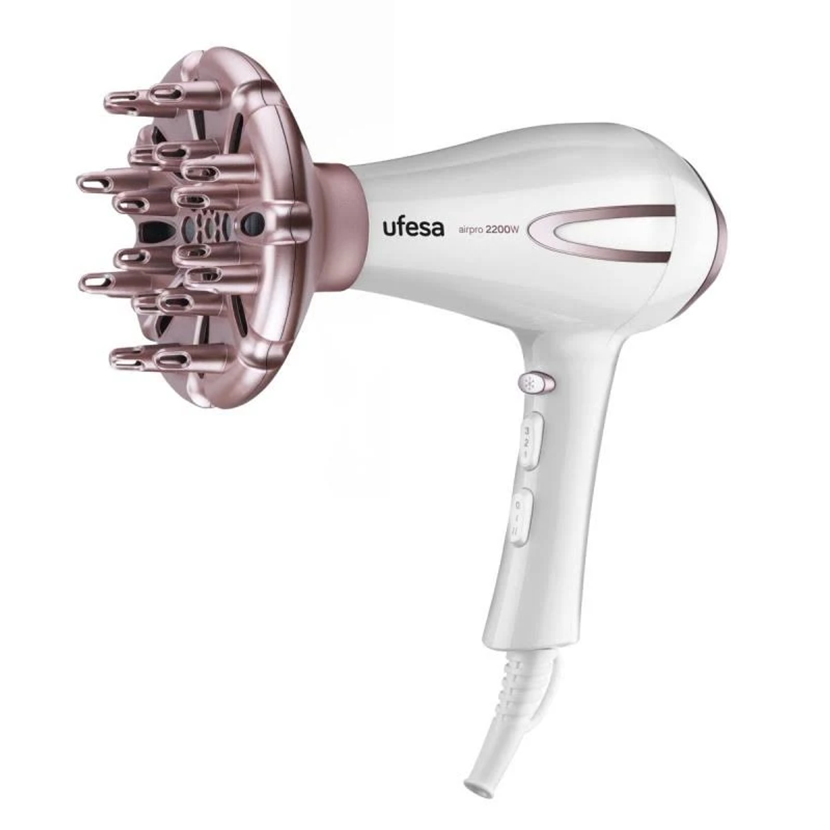 Biała suszarka do włosów Ufesa ze złotymi akcentami. Posiada dyfuzor. Trzy przyciski na uchwycie.