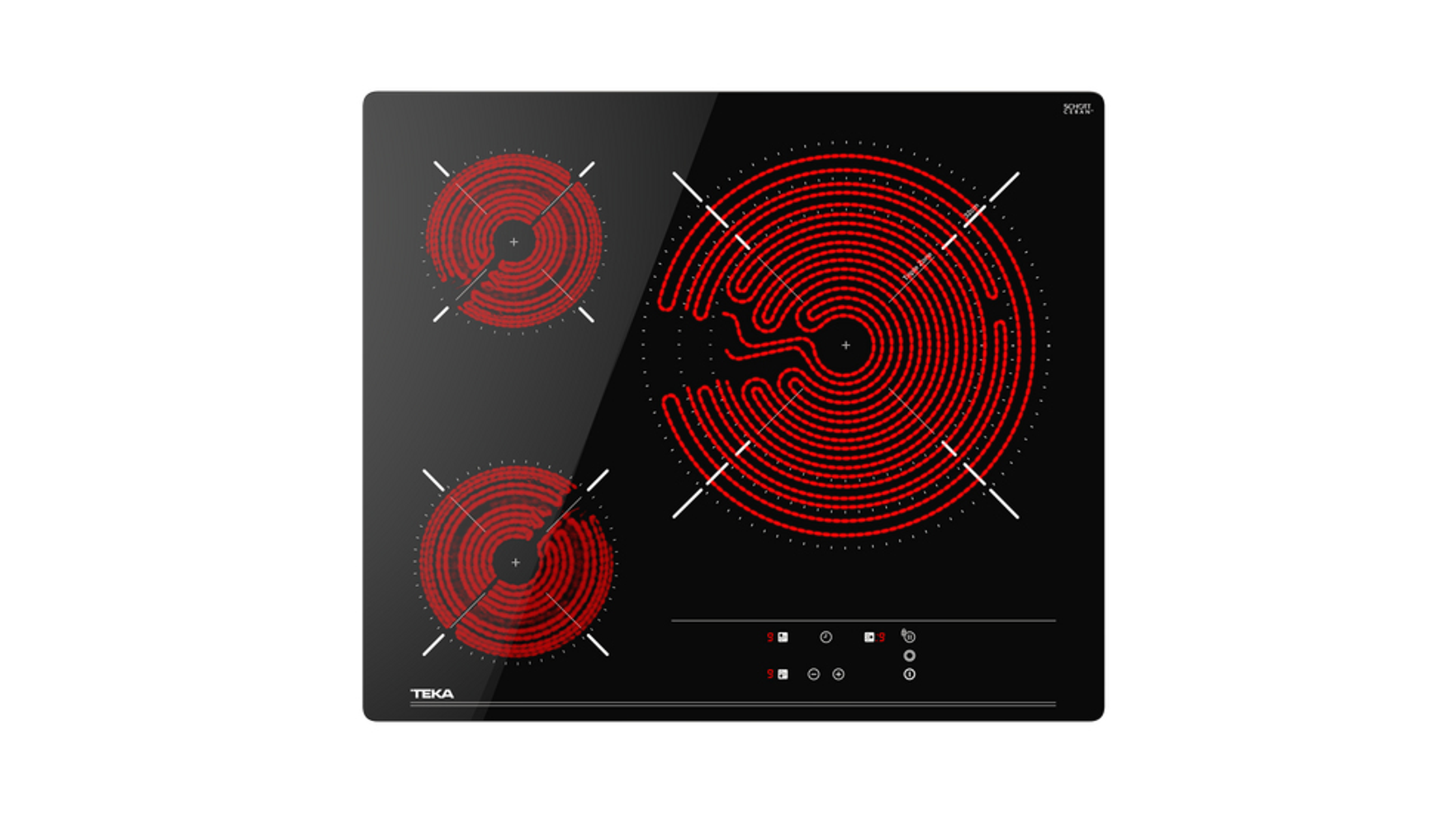 Czarna płyta indukcyjna Teka z trzema czerwonymi palnikami. Płyta na białym tle.