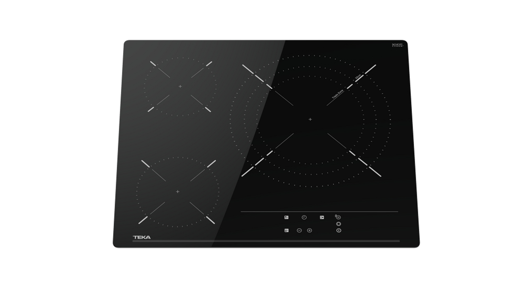 Czarna płyta indukcyjna z czterema palnikami. Trzy ułożone w trójkąt, jeden na środku.