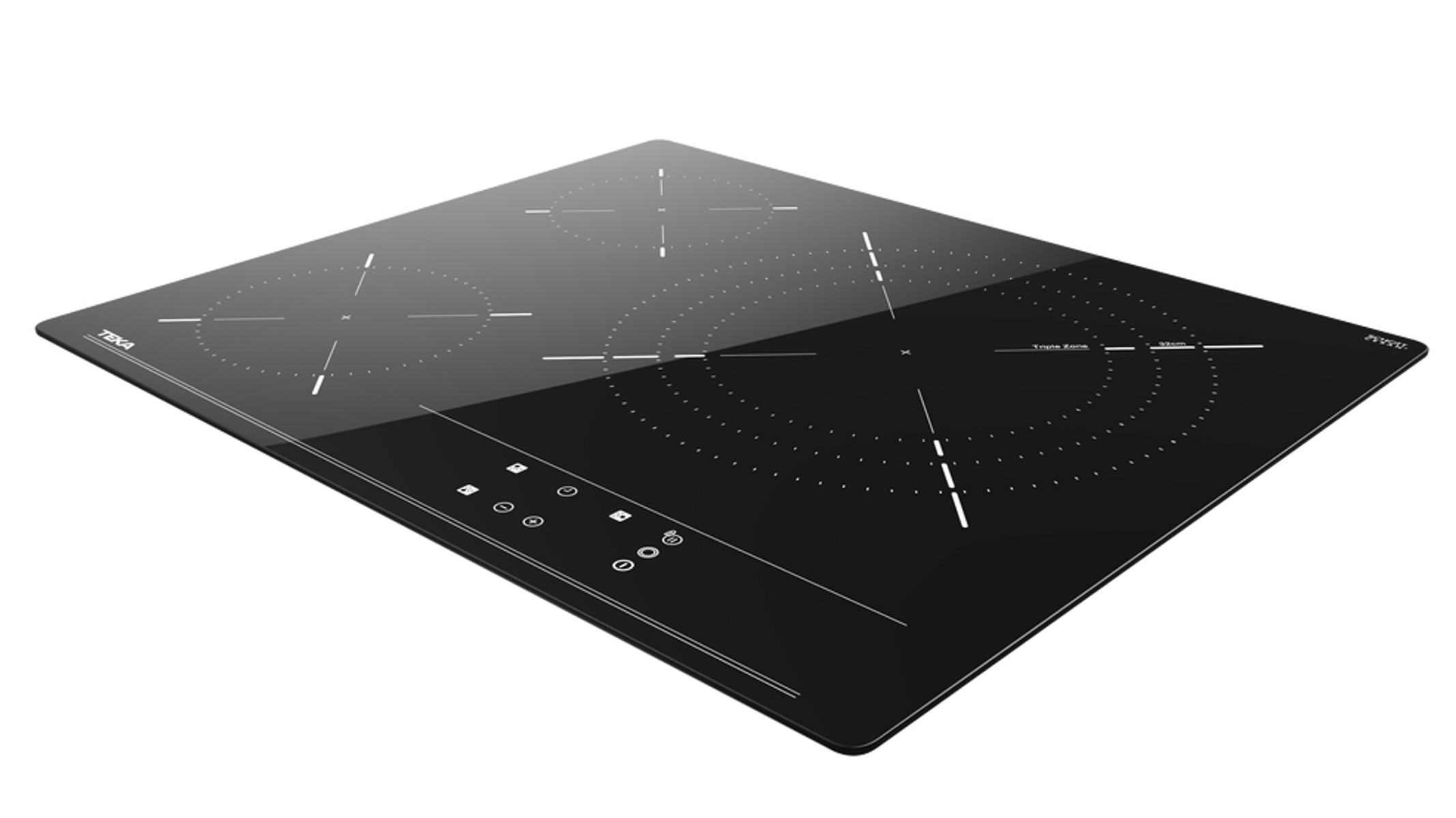 Czarna indukcyjna płyta grzewcza z czterema palnikami. Widoczne logo Teka.