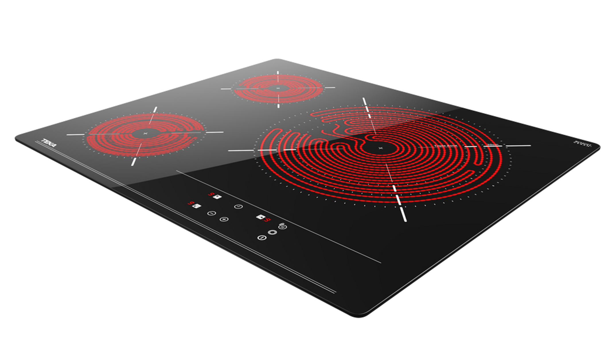 Czarna płyta ceramiczna z trzema czerwonymi elementami grzejnymi i przyciskami sterowania.
