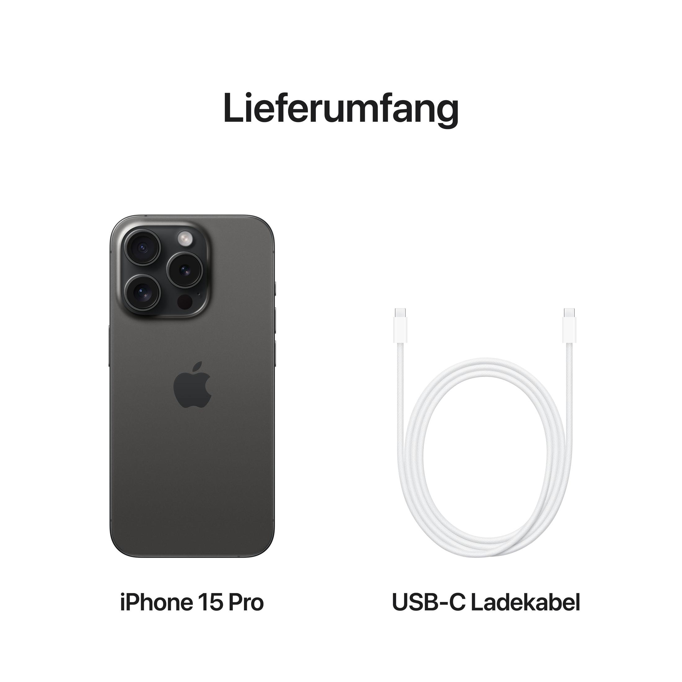 iPhone 15 Pro i kabel ładujący USB-C wyświetlane na białym tle.