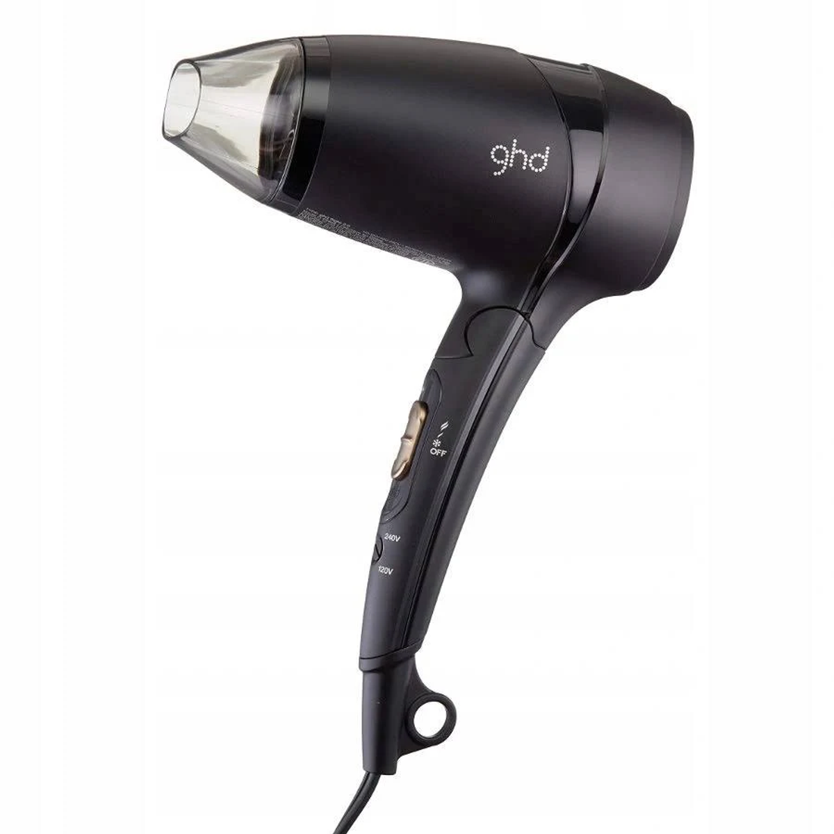 Czarna suszarka do włosów, białe tło. Logo GHD, ustawienia mocy. Zaokrąglony design.