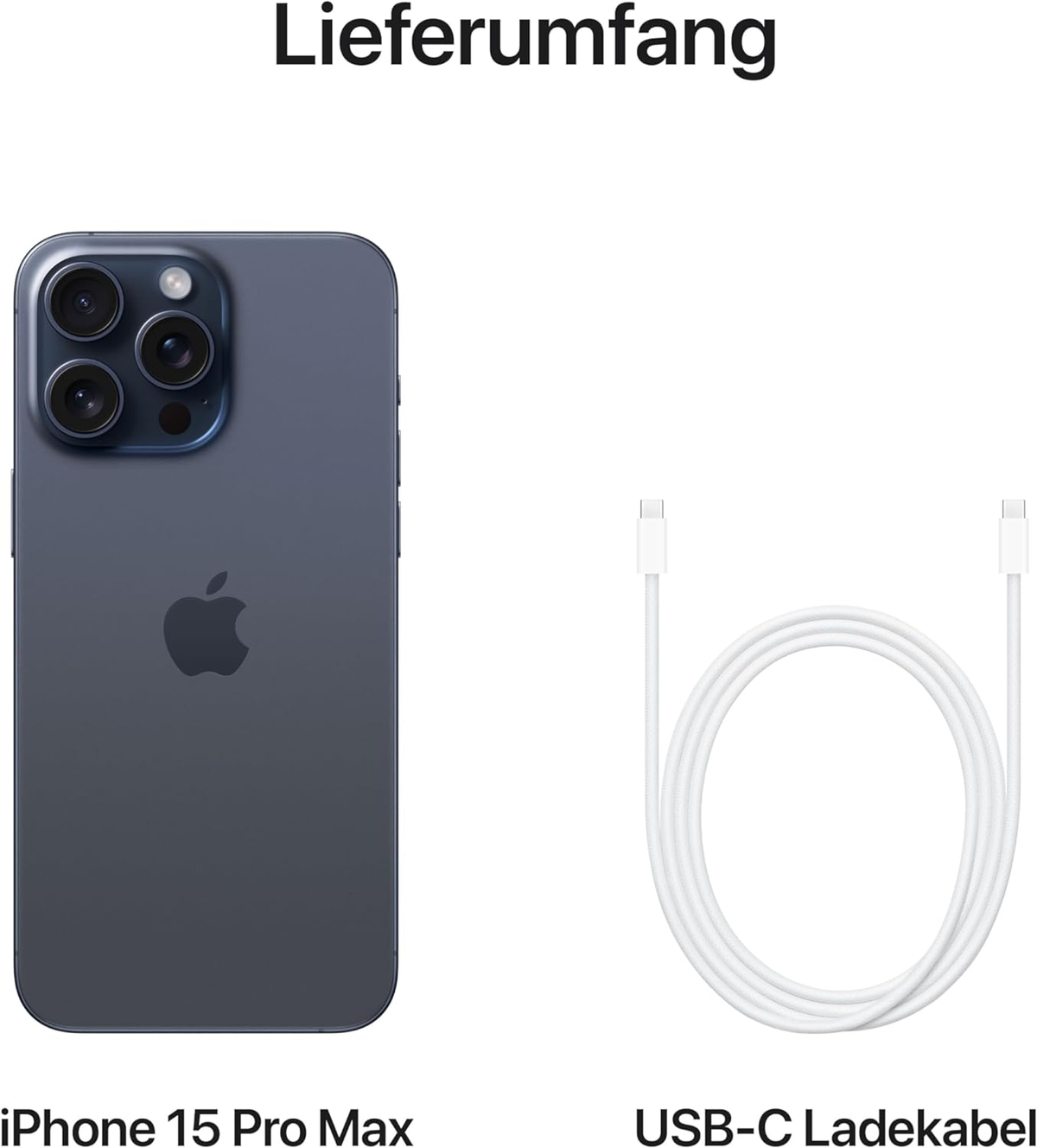 iPhone 15 Pro Max, kabel ładujący USB-C. Tekst: Lieferumfang. Telefon i kabel na białym tle.