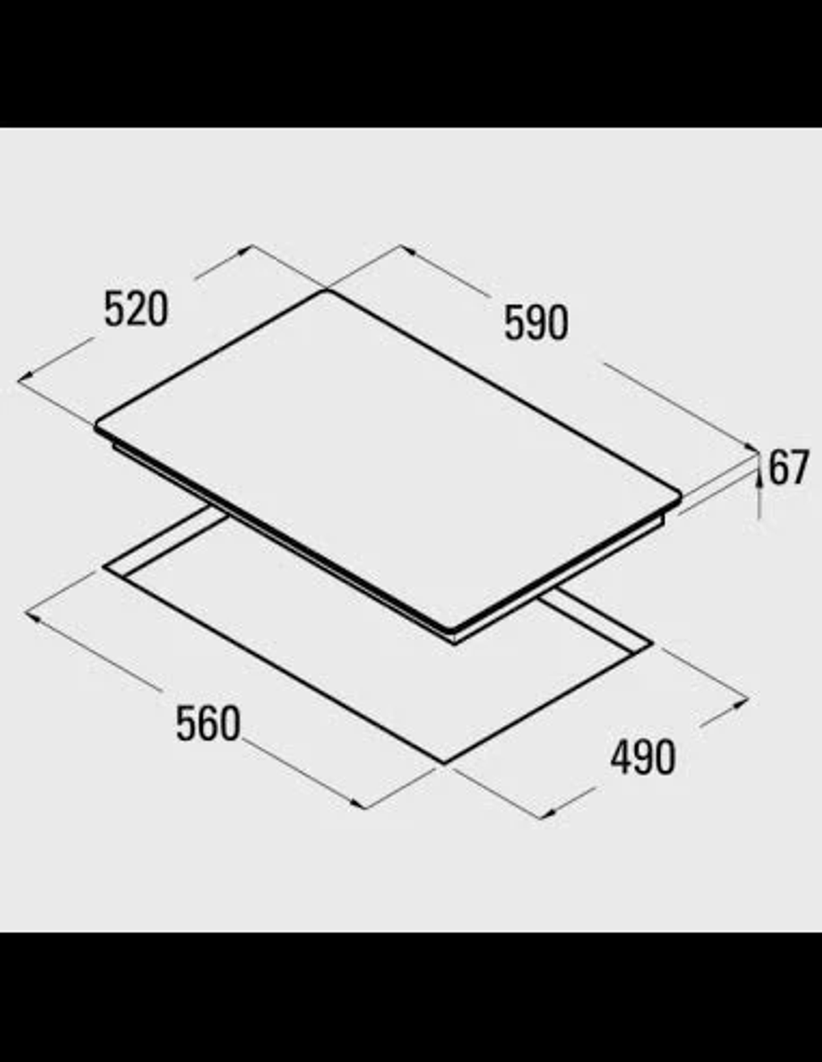 Diagrama que muestra las dimensiones de una placa de cocina negra. Dimensiones: 520x590, 560x490 y 67x16.