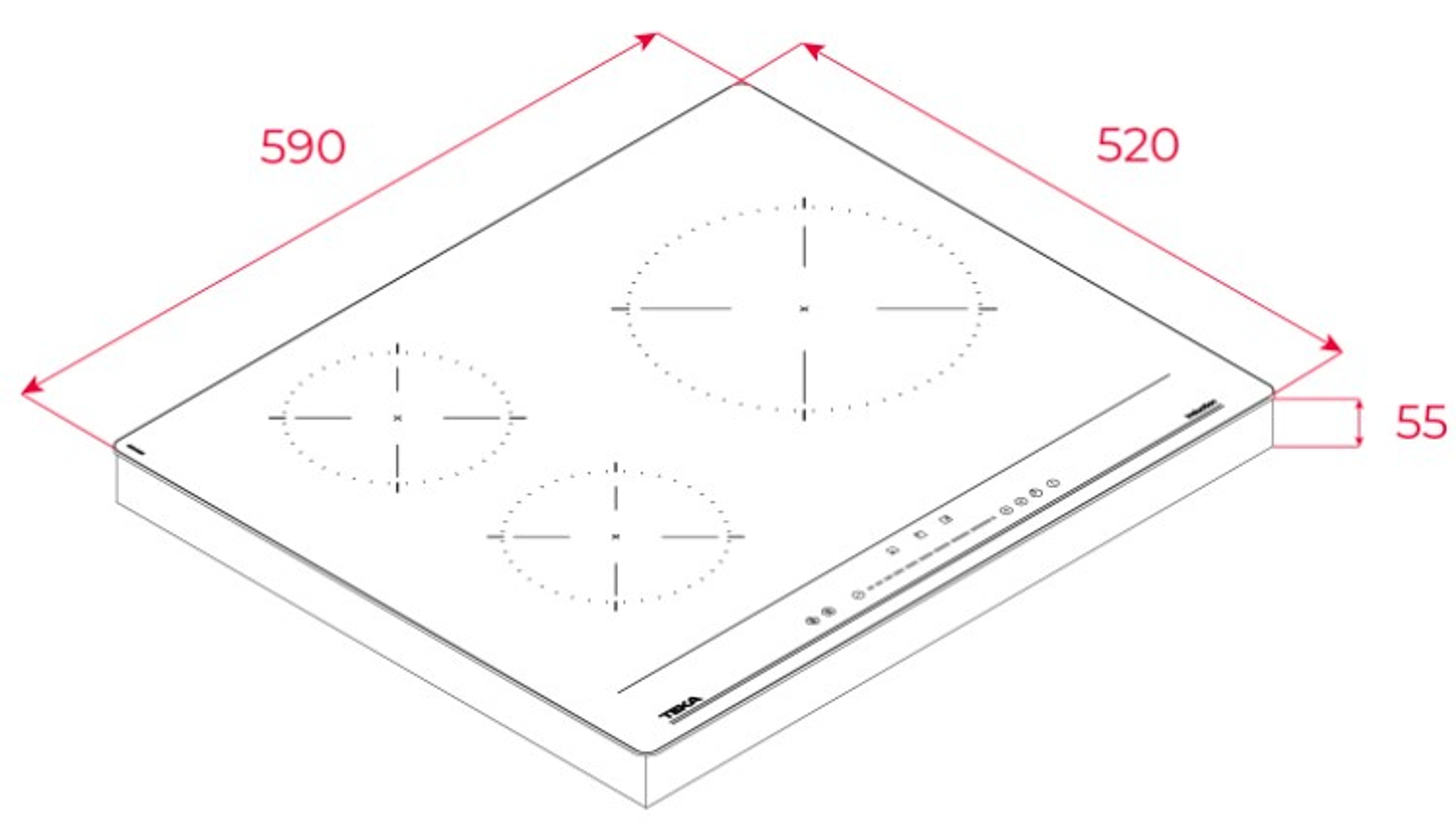 Una placa de inducción blanca con tres zonas de cocción, con líneas de dimensiones en la parte superior, sobre fondo blanco.