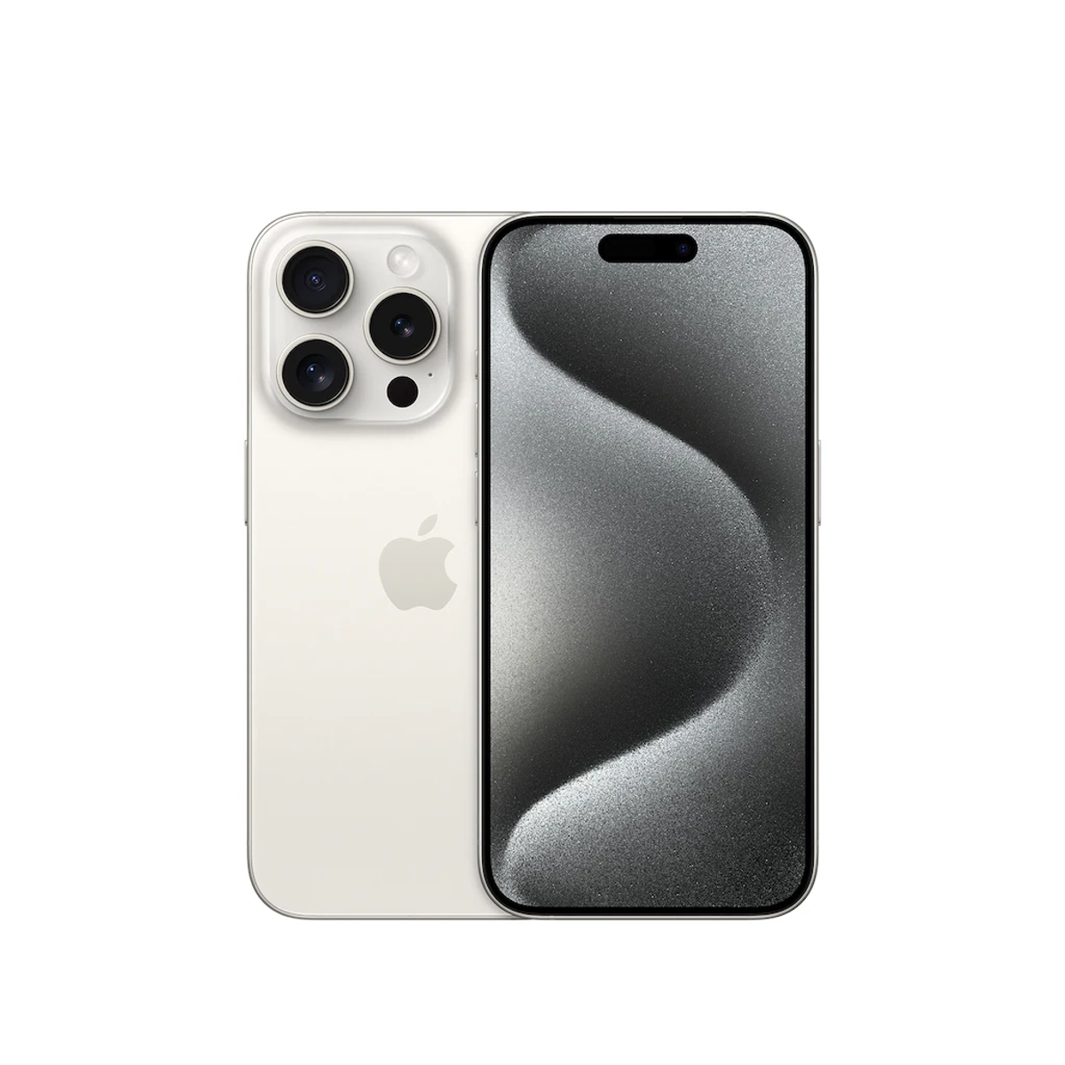 Biały iPhone 14 Pro z trzema tylnymi aparatami i czarnym ekranem. Ma logo Apple.